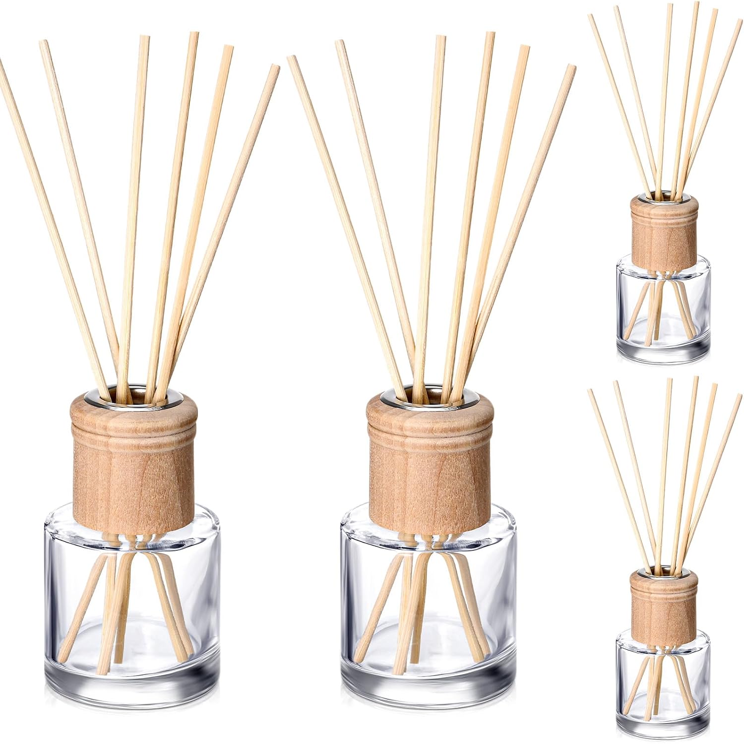 Roshtia 4 Set Reed Diffuser Bottle Empty Refillable Fragrance Glass Diffuser Bottles Set with Wooden Caps Sticks 50ml 1.7 oz Round Glass Jars for DIY Fragrance