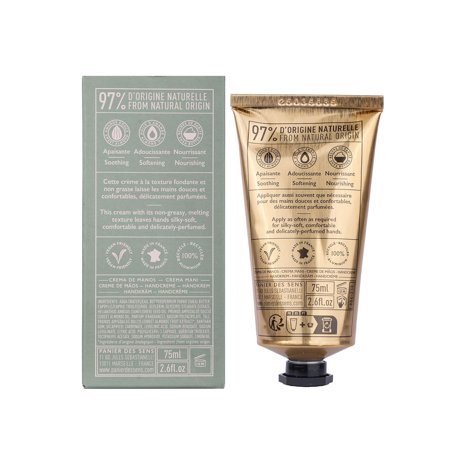 Panier des Sens – Sweet Almond Hand Cream – Moisturizing Hand Lotion for Dry Skin – Premium French Hand Cream, Softening Care for Women, 97% Natural Ingredients, 2.5 Fl Oz