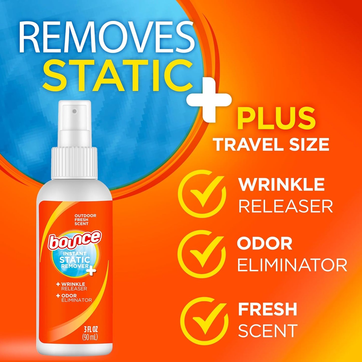 Bounce Anti Static Spray, 3 in 1 Instant Anti Static Spray & Instant Wrinkle Release, Odor Eliminator & Fabric Refresher, Travel Size (3 Oz,Pack of 3)