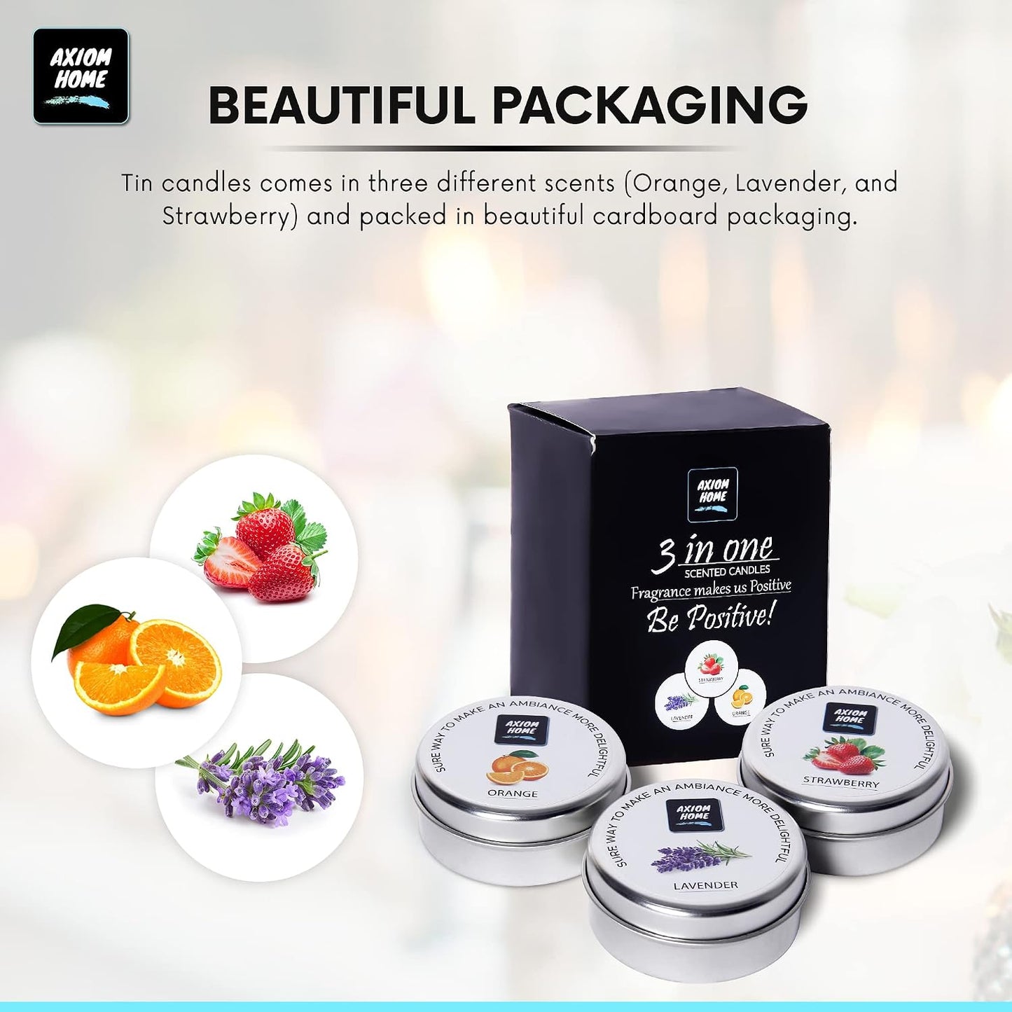 Axiom Pack of 3 Light Scented Tin Candles 12 Hours Long Lasting Combo Strawberry Orange Lavender Smokeless Stress Relief & Aromatherapy Natural Candle Gift for Mothers Day & Valentine's Day