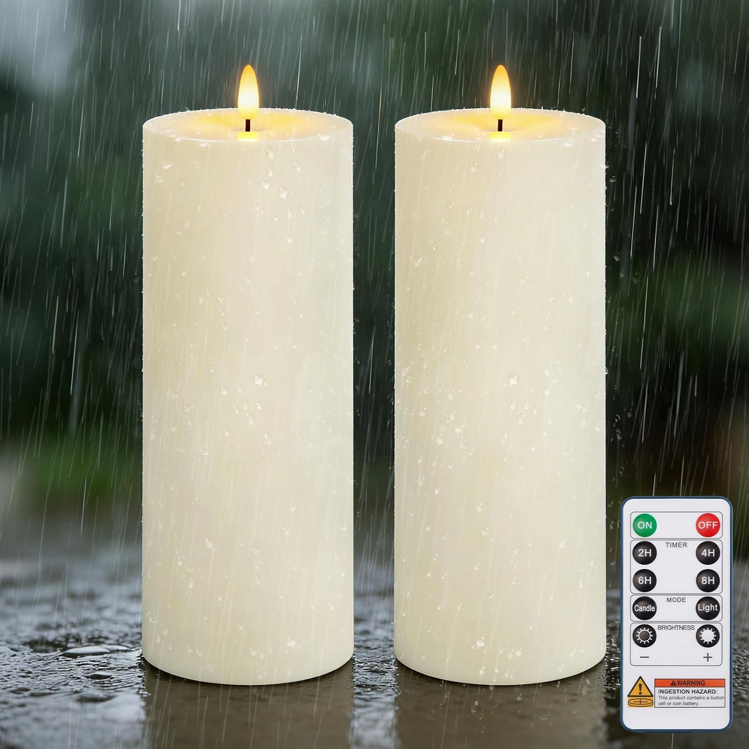 Homemory Outdoor Waterproof Flameless LED Candles 4" x 10", Battery Operated Large Pillar Candles with Remote & Timer, Long Lasting for Outdoor Lanterns & Patio, White, Set of 2