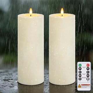 Homemory Outdoor Waterproof Flameless LED Candles 4" x 10", Battery Operated Large Pillar Candles with Remote & Timer, Long Lasting for Outdoor Lanterns & Patio, White, Set of 2