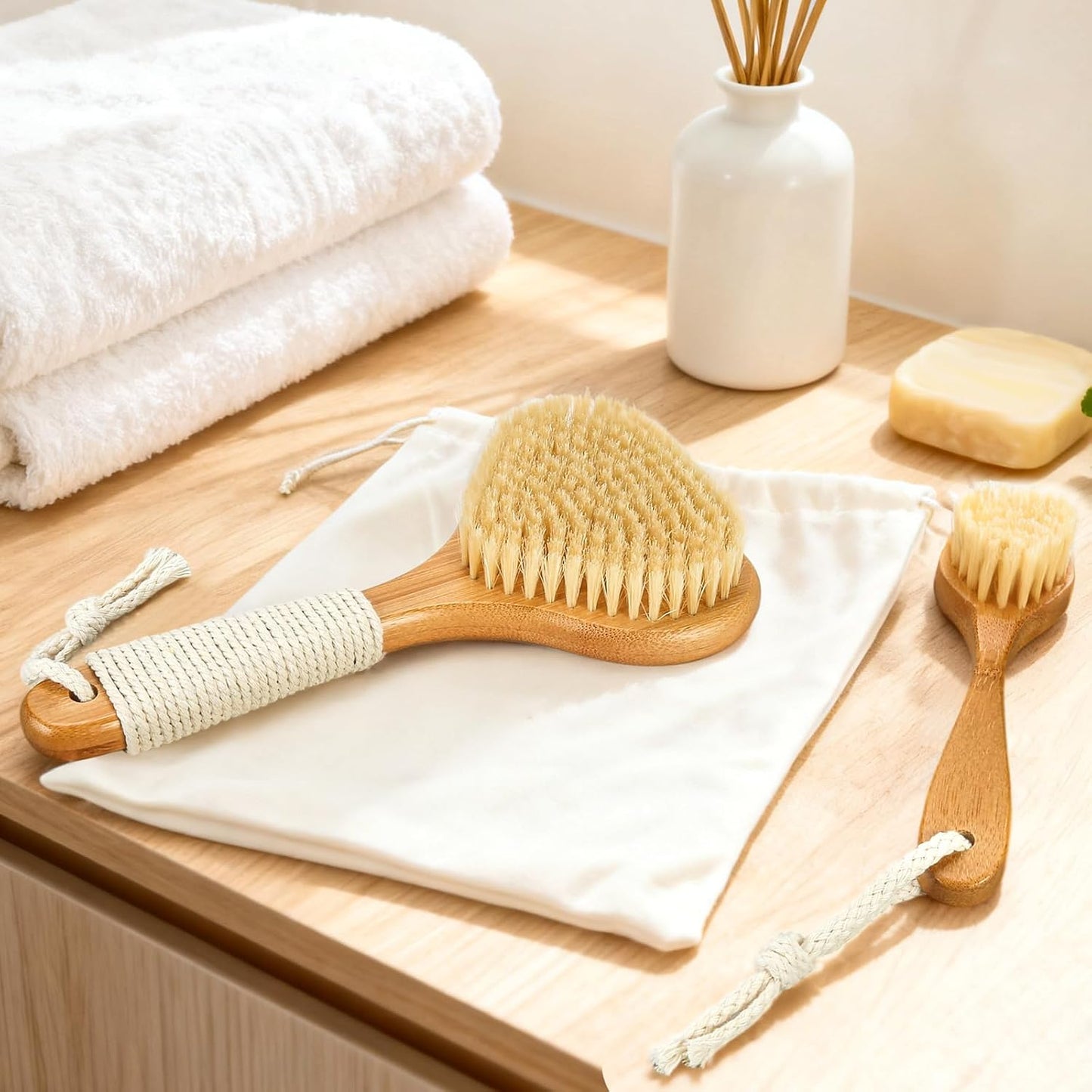 eaxun Bamboo Dry Brushing Set with Body and Face Brush, Dry Scrub Brush with Exfoliating Natural Boar Bristle for Lymphatic Drainage, Cellulite Reduction, Blood Circulation and Glowing Skin, 2 Pack