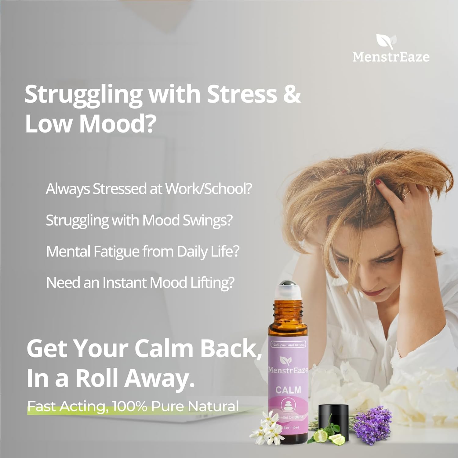 Natural Calm Essential Oil Roll On with Lavender, Neroli, Bergamot, & Rosehip Oil, Stocking Stuffer for Girls and Women, Stress Relief, Long Lasting Emotional Balance, Self Care Gifts for Women, 10ml