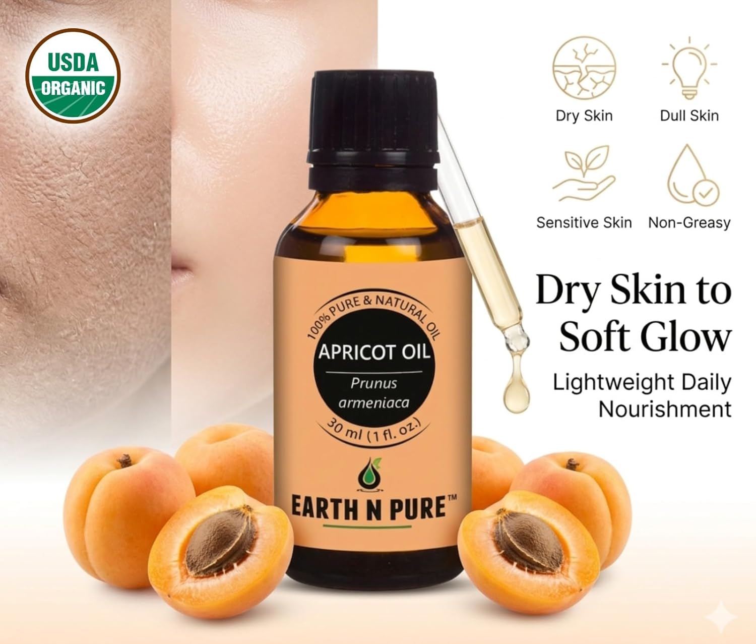 Earth N Pure Apricot Oil (Khumani Oil) Cold Pressed, Natural and Therapeutic Grade 30 ml