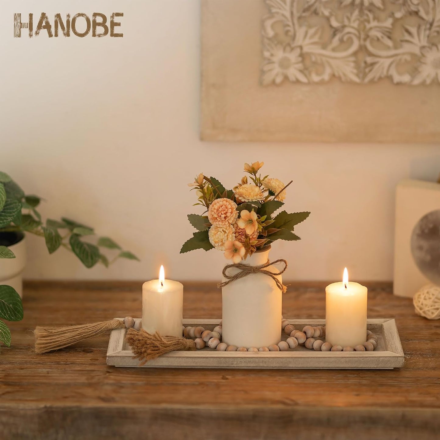 Hanobe Candle Tray Decorative Rectangle: Rustic Long Narrow Farmhouse Centerpiece Trays Whitewashed Wood Candles Holder Plate for Kitchen Coffee Table Dining Room Home Decor