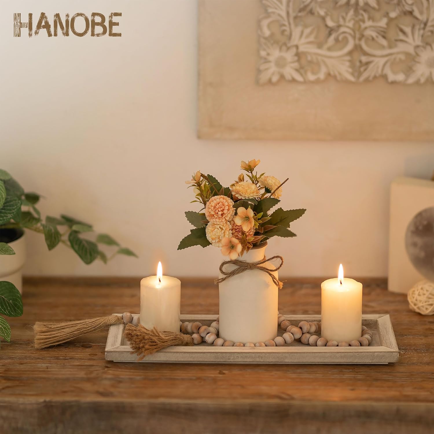 Hanobe Candle Tray Decorative Rectangle: Rustic Long Narrow Farmhouse Centerpiece Trays Whitewashed Wood Candles Holder Plate for Kitchen Coffee Table Dining Room Home Decor