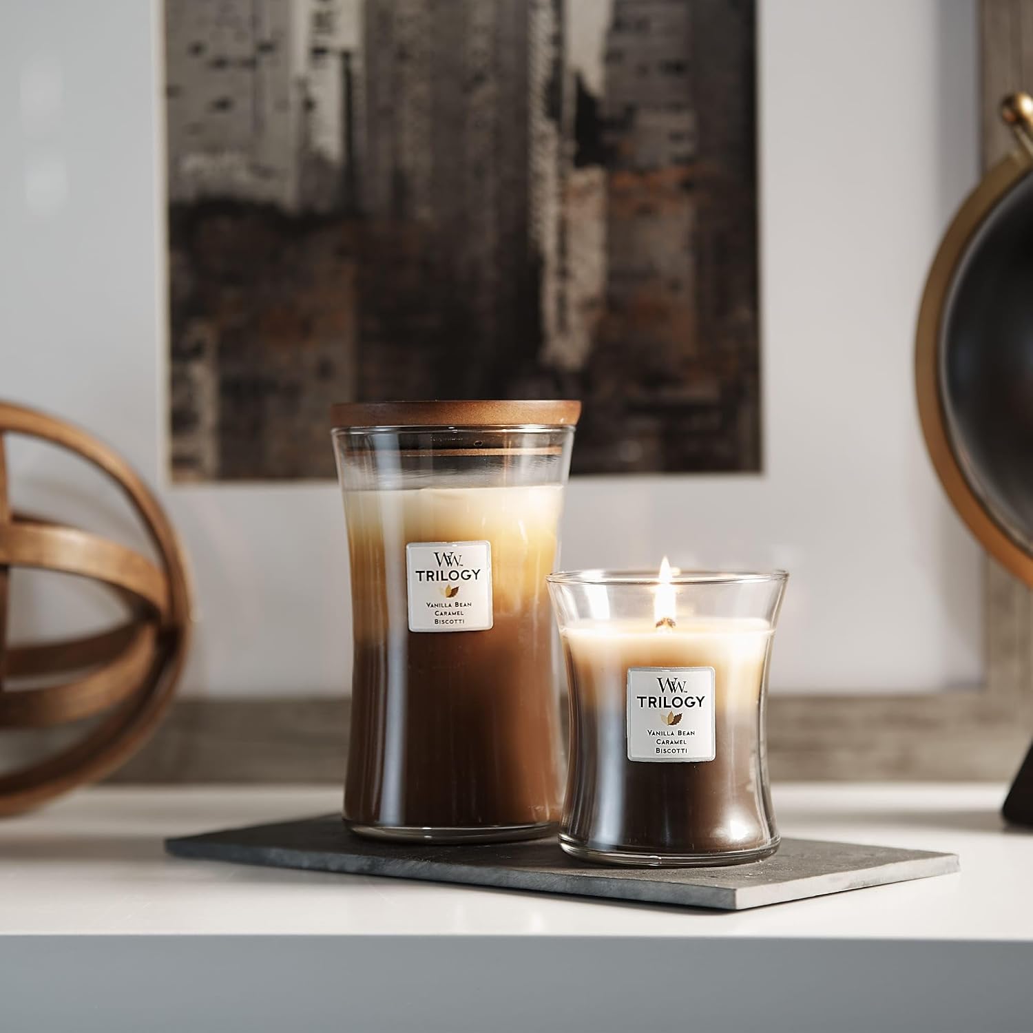 WoodWick Café Sweets Trilogy Holiday Candle Gifts for Women and Men, 9.7 oz Medium Hourglass Trilogy Candle with Crackling Wick