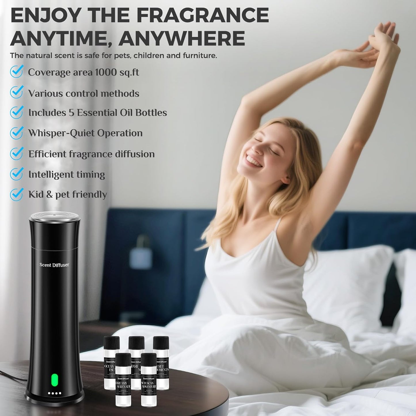 Waterless Scent Diffuser Kit — Covers 1,500 sq. ft. Suitable for Large Rooms, Home, Offices, and Hotels. Includes Five Essential Oils and Remote Control. Black