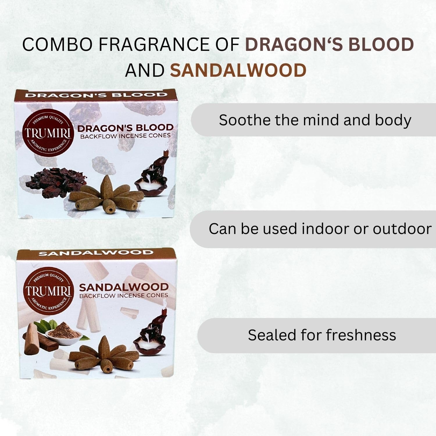 TRUMIRI Backflow Incense Cones - Combo Pack of 20 Waterfall Cones (10 Dragons Blood + 10 Sandalwood)