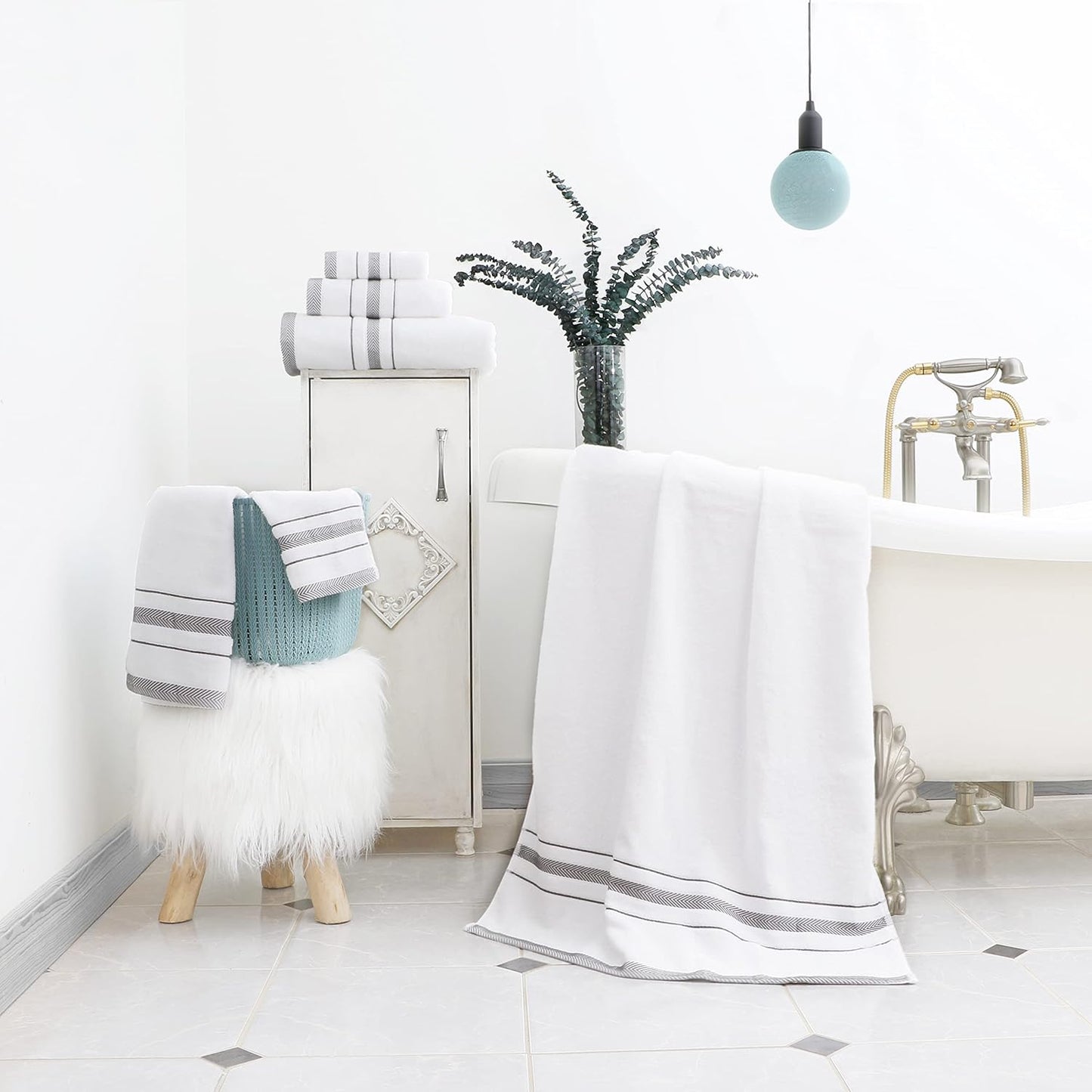 Bath Towels Set for Bathroom – Luxury 6-Piece Cotton Towels, Soft Absorbent & Quick Dry, 600 GSM Bath Towels for Bathroom, Hotel Spa Quality (2 Bath, 2 Hand, 2 Washcloths, White Grey Stripe)
