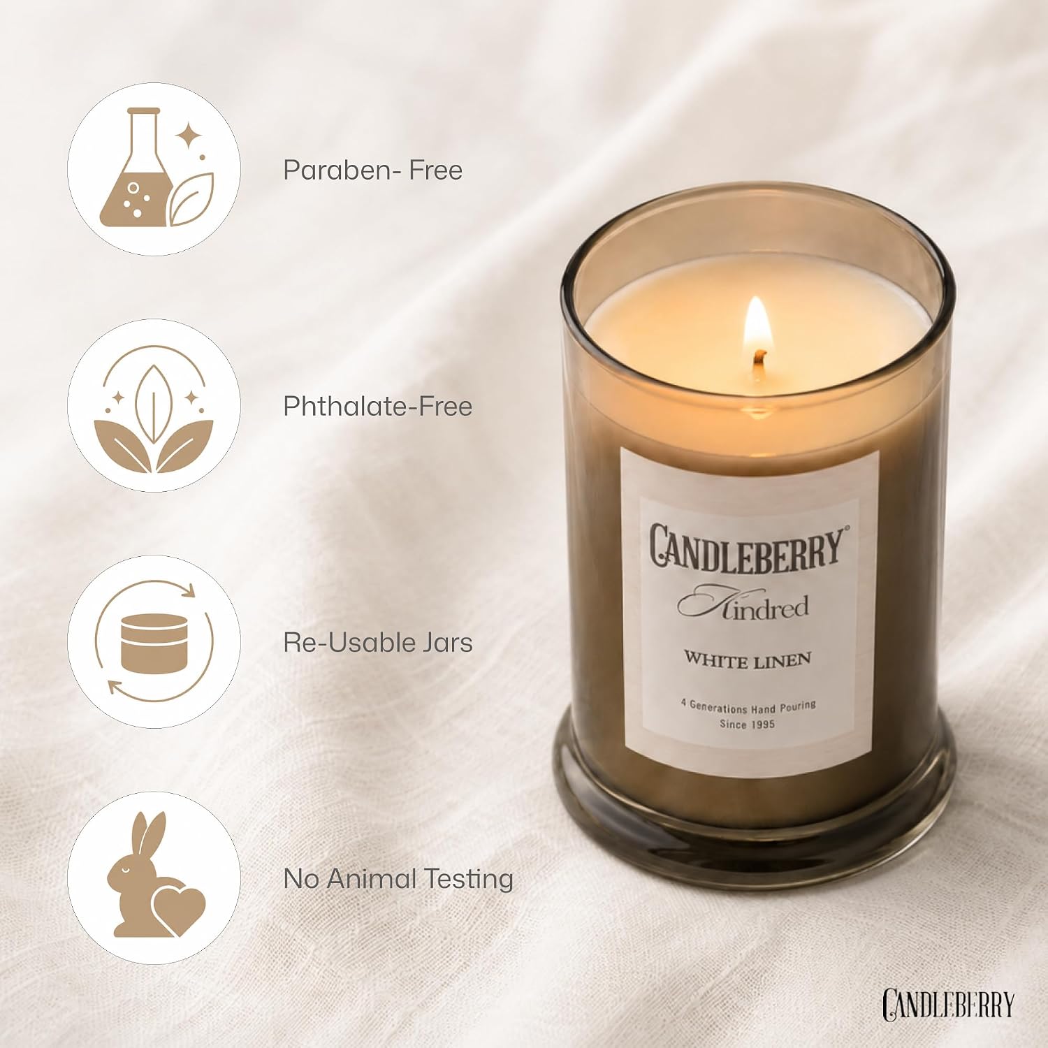 Candleberry Candles Kindred Spring Summer Collection | Luxury Glass Jar | USA Hand Poured Soy Blend Candle | Highly Scented & Long Lasting | Up to 90 Hour Burn Time (White Linen)