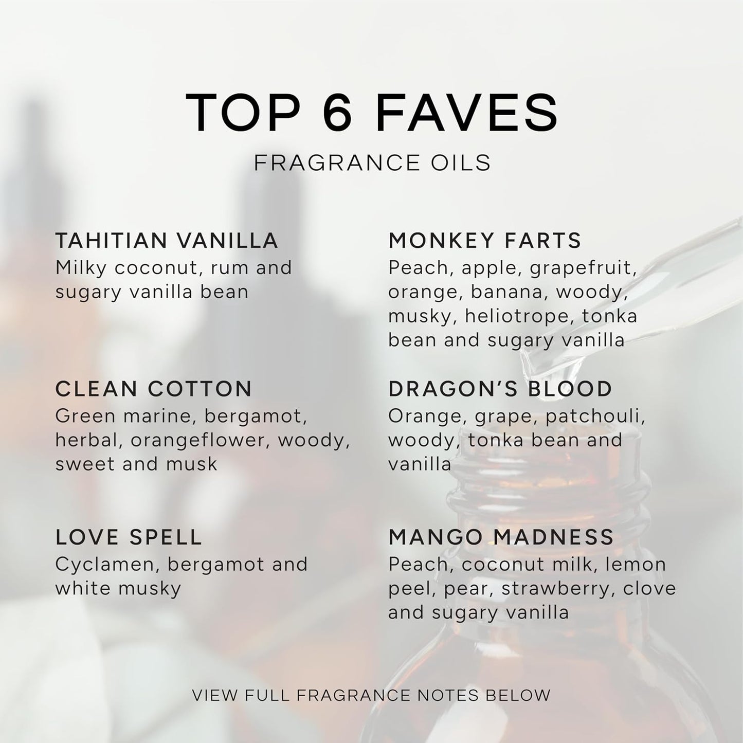 Top 6 Faves - Set of 6 Premium Fragrance Oils - Love Spell, Tahitian Vanilla, Clean Cotton, Mango, Dragon's Blood and Monkey Farts - 10ML