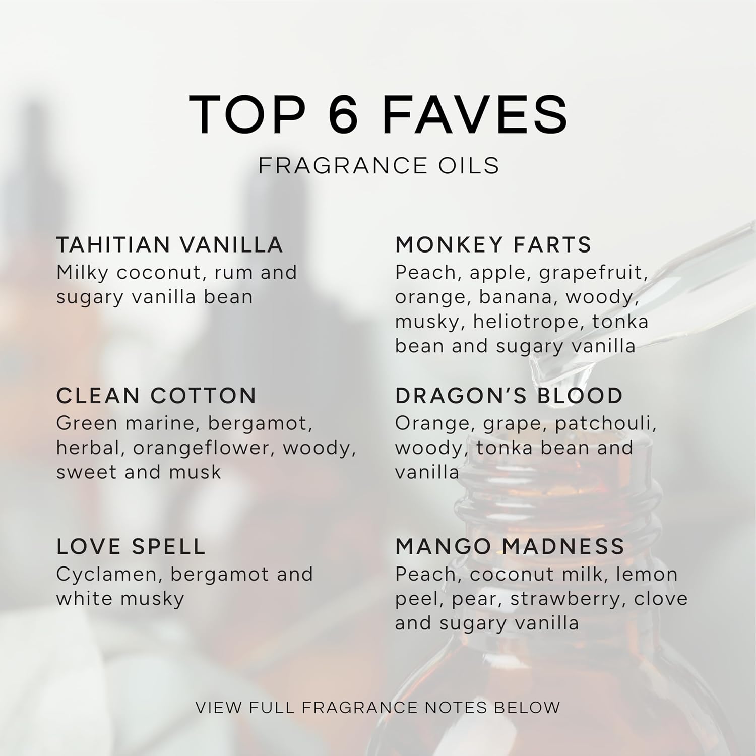 Top 6 Faves - Set of 6 Premium Fragrance Oils - Love Spell, Tahitian Vanilla, Clean Cotton, Mango, Dragon's Blood and Monkey Farts - 10ML