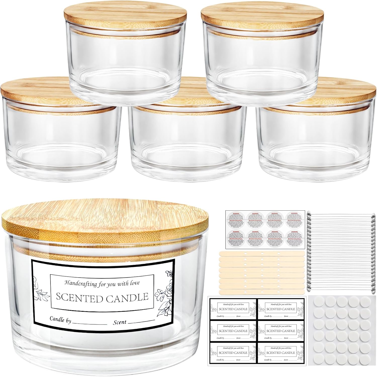 CONNOO 24oz Clear Glass Candle Jars 6 Pack, Multi-Wick Wide Mouth Empty Bulk Candle Containers for Making Candles with Airtight Bamboo Lids, Sticky Warning Labels, Wick kit- Dishwasher Safe