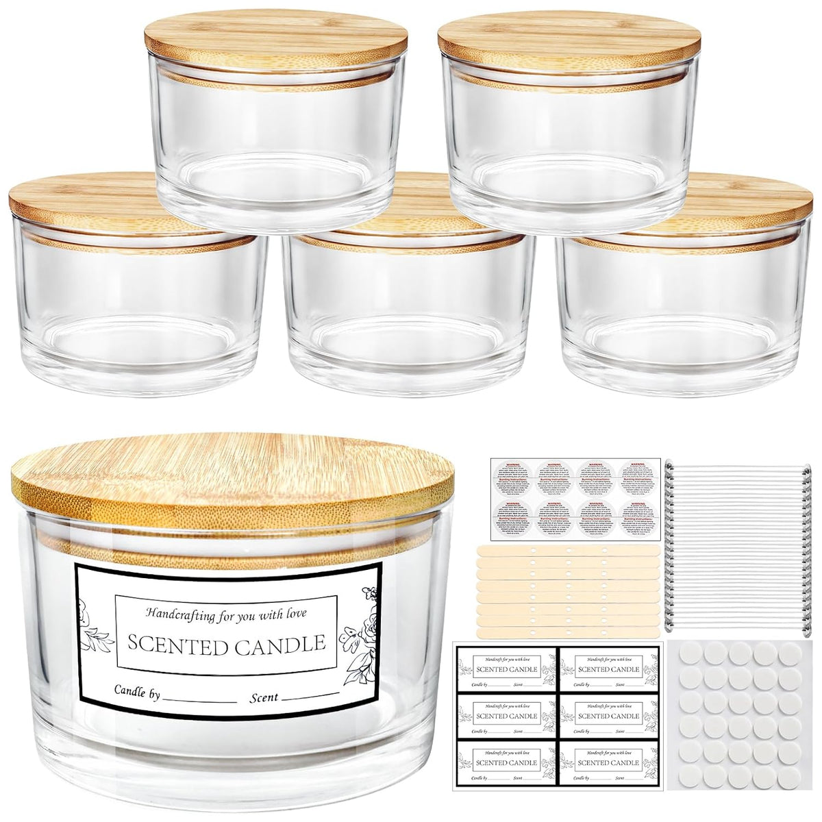 CONNOO 24oz Clear Glass Candle Jars 6 Pack, Multi-Wick Wide Mouth Empty Bulk Candle Containers for Making Candles with Airtight Bamboo Lids, Sticky Warning Labels, Wick kit- Dishwasher Safe