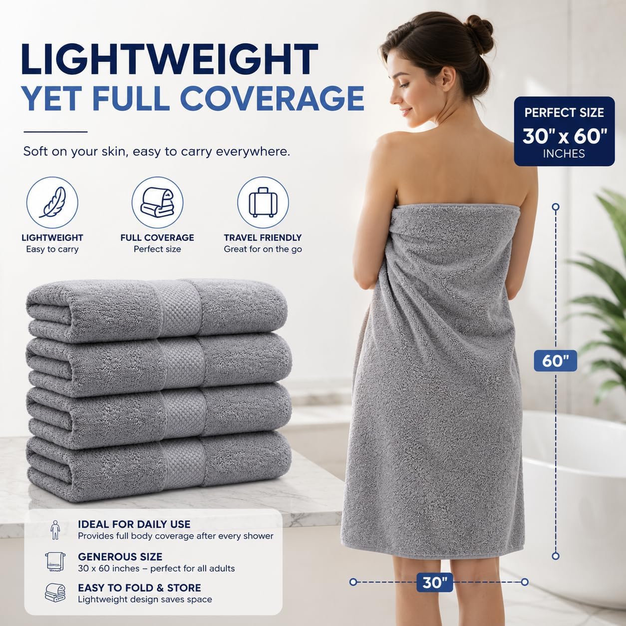 Grey Bath Towels 30x60 – Pack of 4 | Ulta Soft, Light Weight & Quick-Dry | Highly Absorbent 100% Combed Yarn Cotton Towels for Bathroom, Spa, Home & Hotel Use