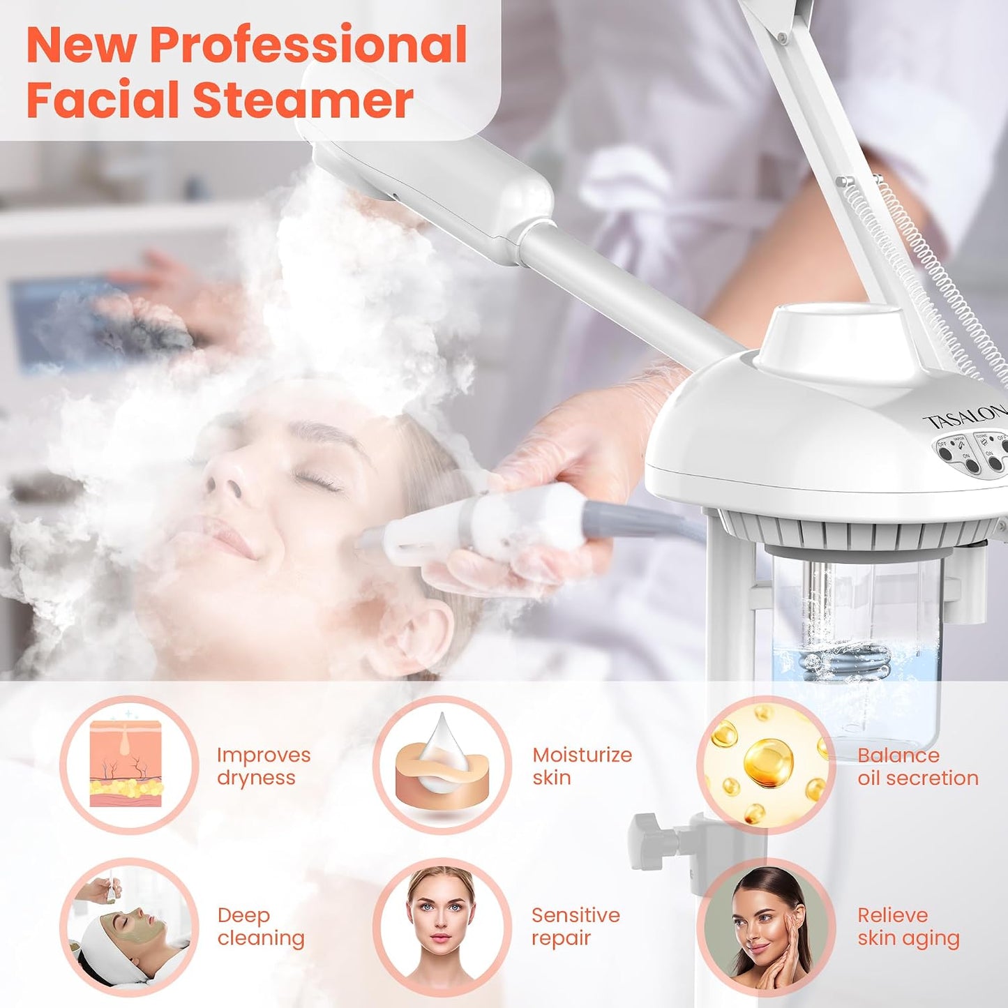 TASALON 2-in-1 Professional Facial Steamer with 5X Magnifying Lamp, Esthetician Steamer on Wheels with Ozone and Hot Mist, Standing Face Steam for Facial Deep Cleaning and Moisturize, SPA & Beauty