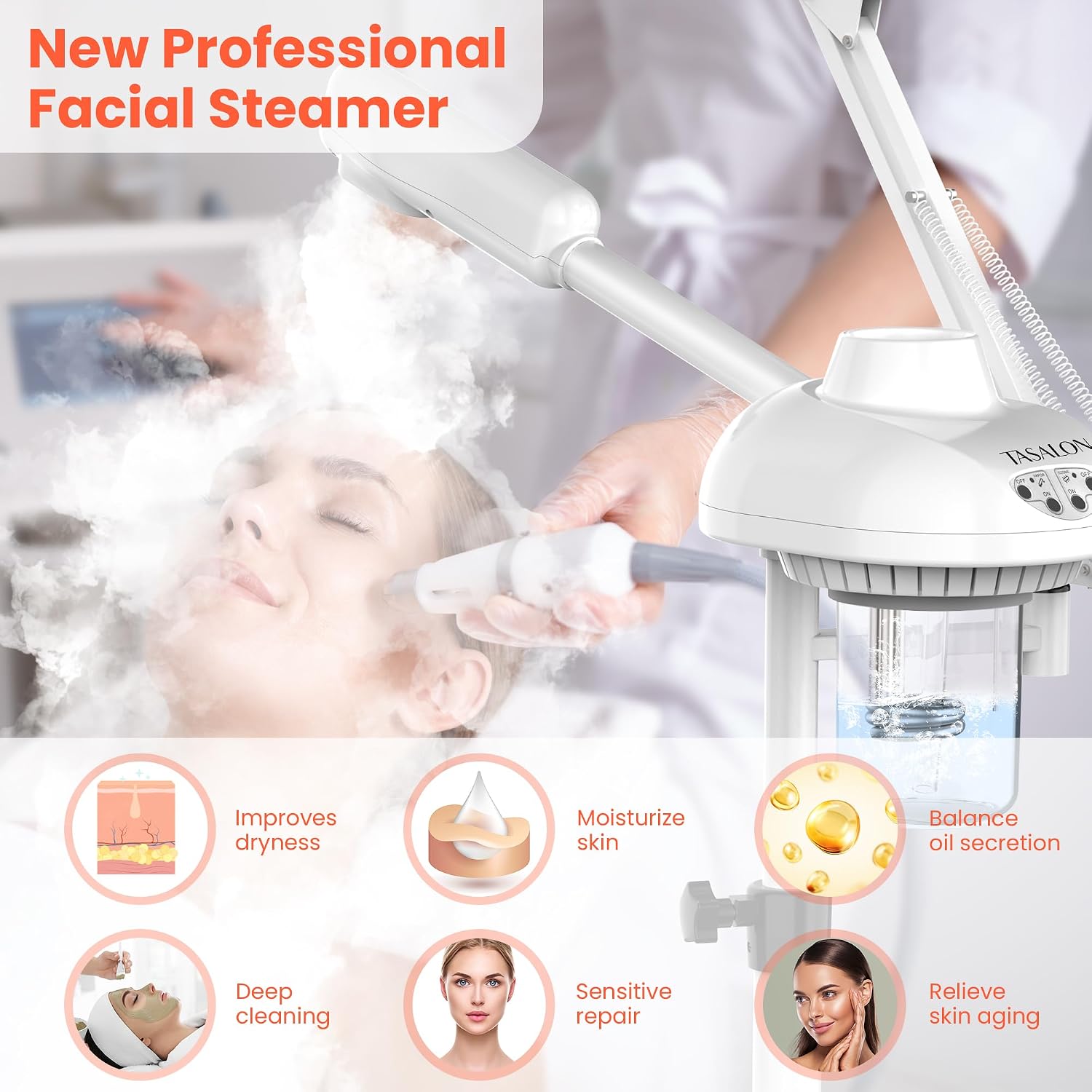 TASALON 2-in-1 Professional Facial Steamer with 5X Magnifying Lamp, Esthetician Steamer on Wheels with Ozone and Hot Mist, Standing Face Steam for Facial Deep Cleaning and Moisturize, SPA & Beauty