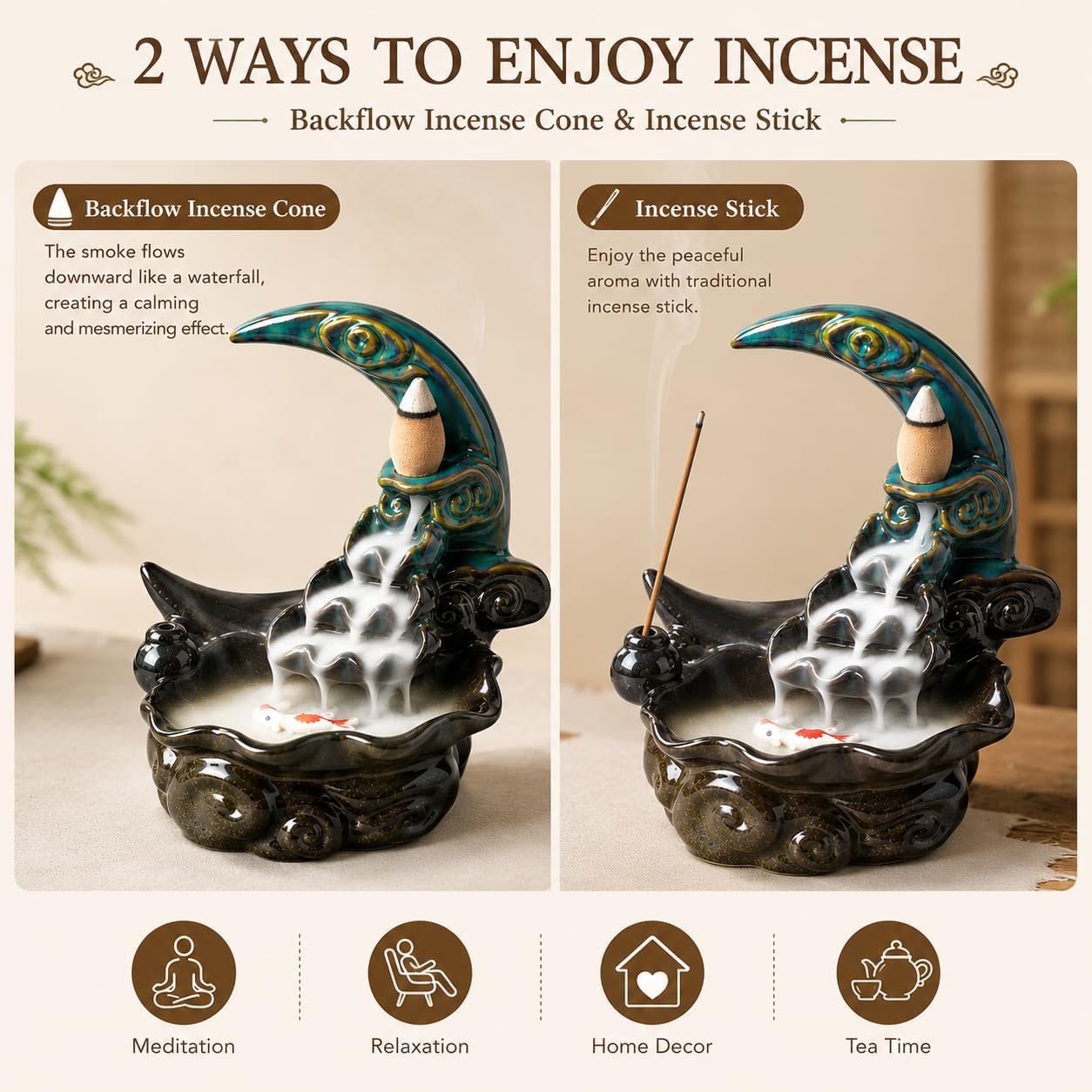 Ceramic Incense Holder Backflow Handcraft Moon Incense Burner with 30 Incense Cones 1 Tweezer 1 Mat 30 Incense Sticks for Home Decoration Ornament Aromatherapy and Meditation