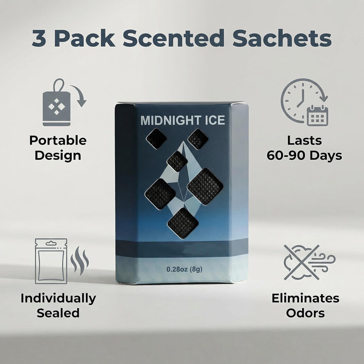 Midnight Ice Scented Sachets, 3 Pack Hanging Closet Deodorizer for Drawers, Wardrobes, Bags, Suitcases and Small Spaces