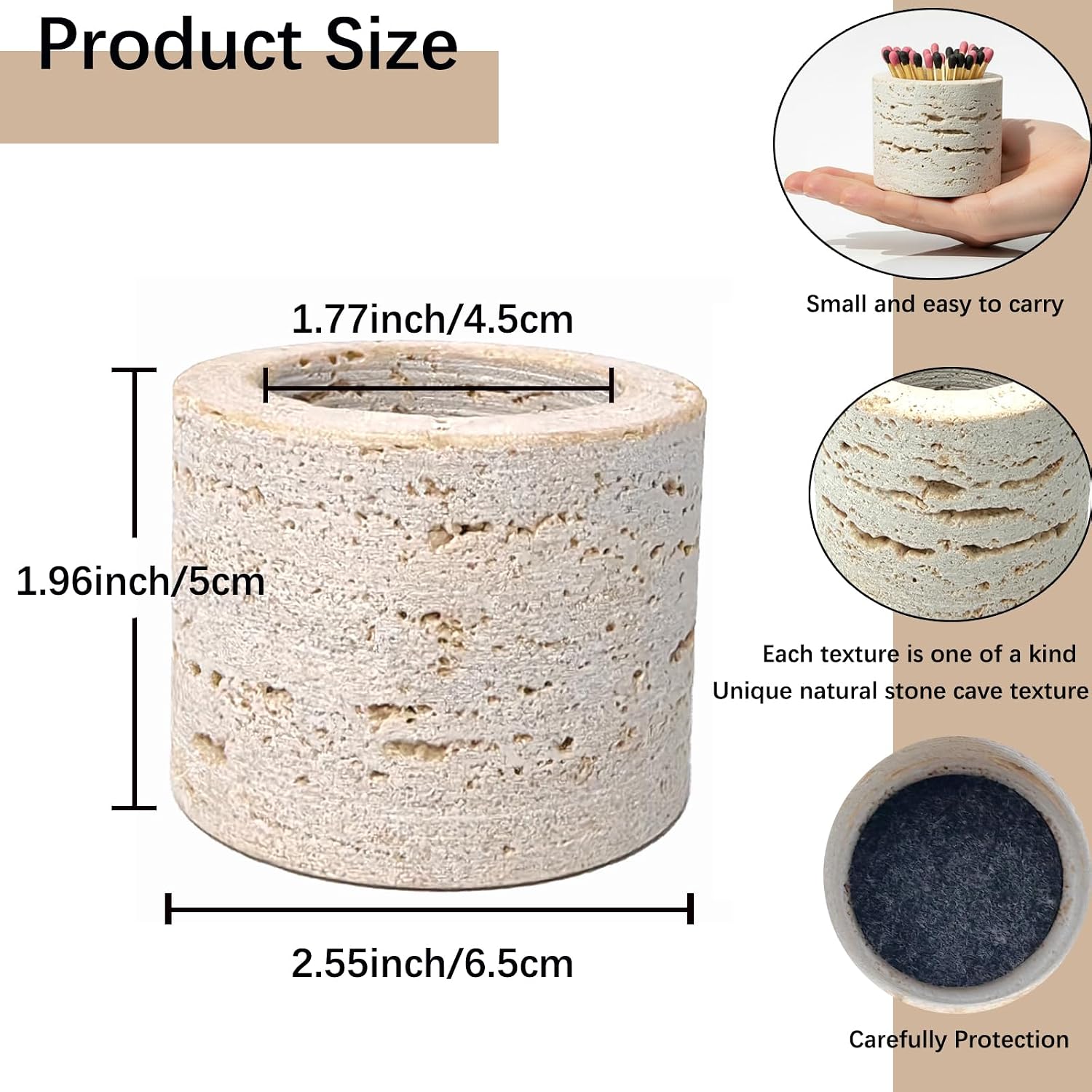 Matches in a Jar with Striker - Natural Travertine Match Holder with 2 Replacement Pads, Decorative Jar for Bathroom Candle Fireplace Parlor, Unique Organic Modern Home DecorGift(Matches Not Included)