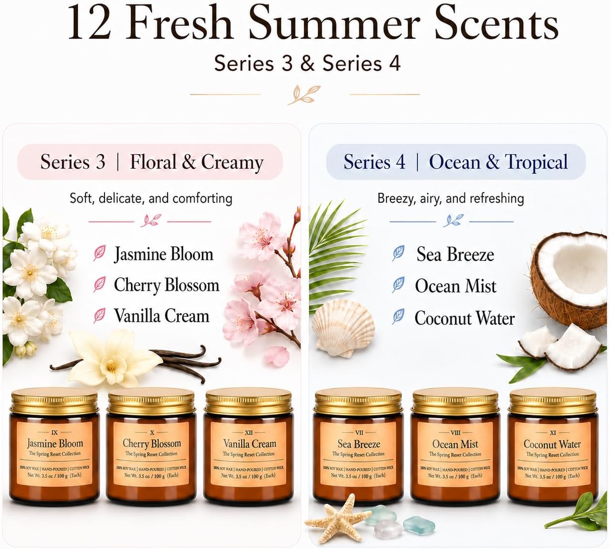 12 Pack Summer Scented Candles, 3.5 oz Amber Glass Jar Soy Candle Set, 8% Essential Oil Blend, Gifts for Women Birthday Housewarming