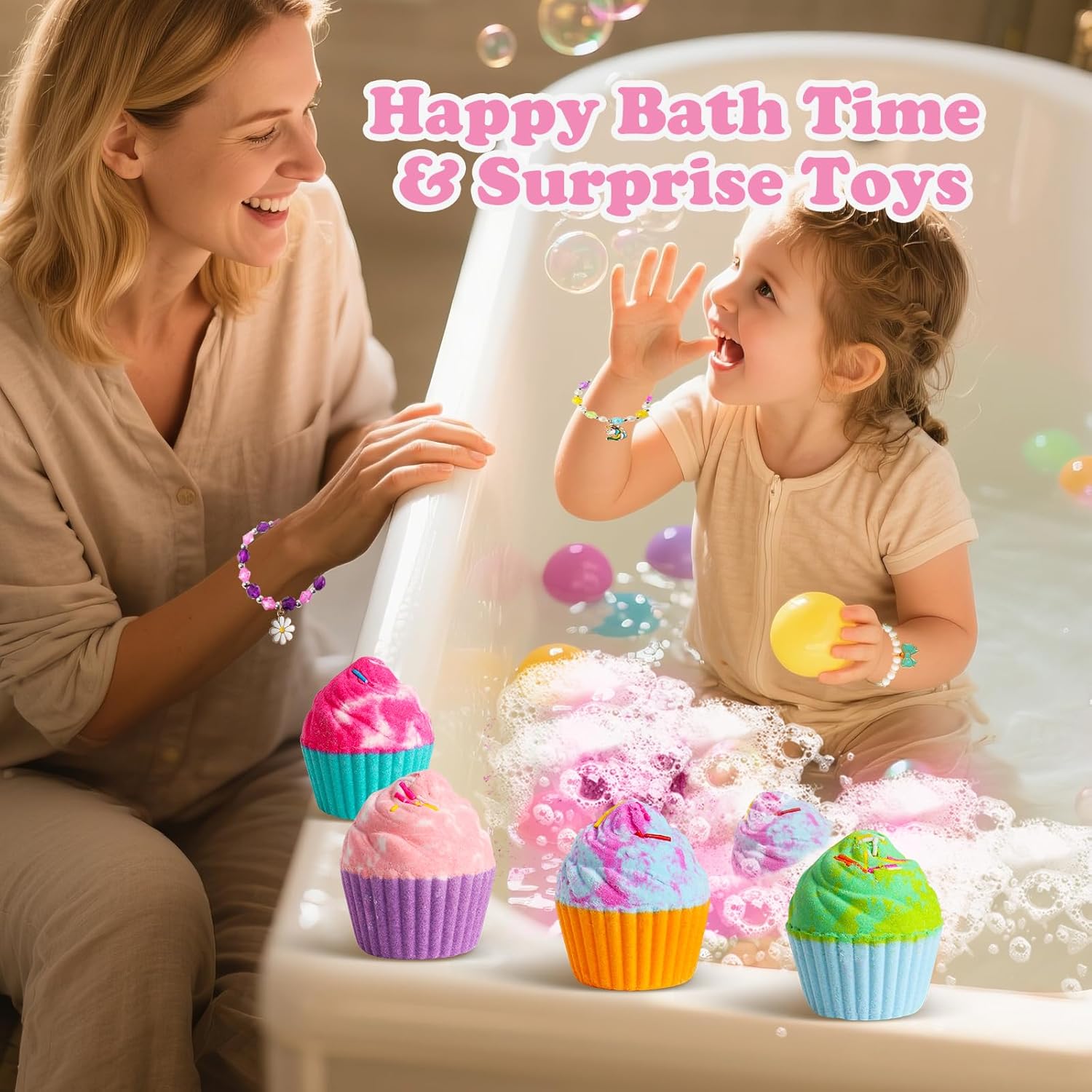 Bath Bombs for Kids with Surprise Jewelry Toys Inside, 8 Cupcake Bath Bombs Gifts Set, Girls, Teens, Kids Birthday Christmas Gift, Handmade Fizzy Bubble Spa Bath Ball for Girls Daughter Granddaughter