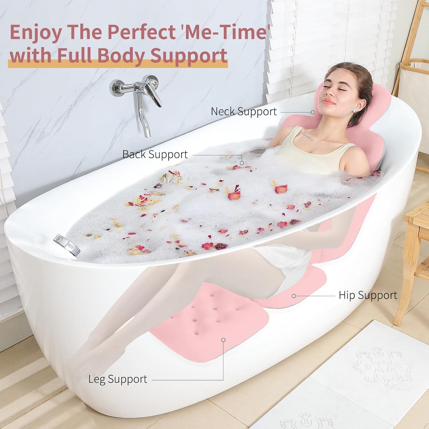 Luxury Bath Cushion, Full Body Bathtub Pillow with 160 Suction Cups, Bath Mat for Head and Neck Support, with Laundry Bag (​Light Pink, 51" x 16")