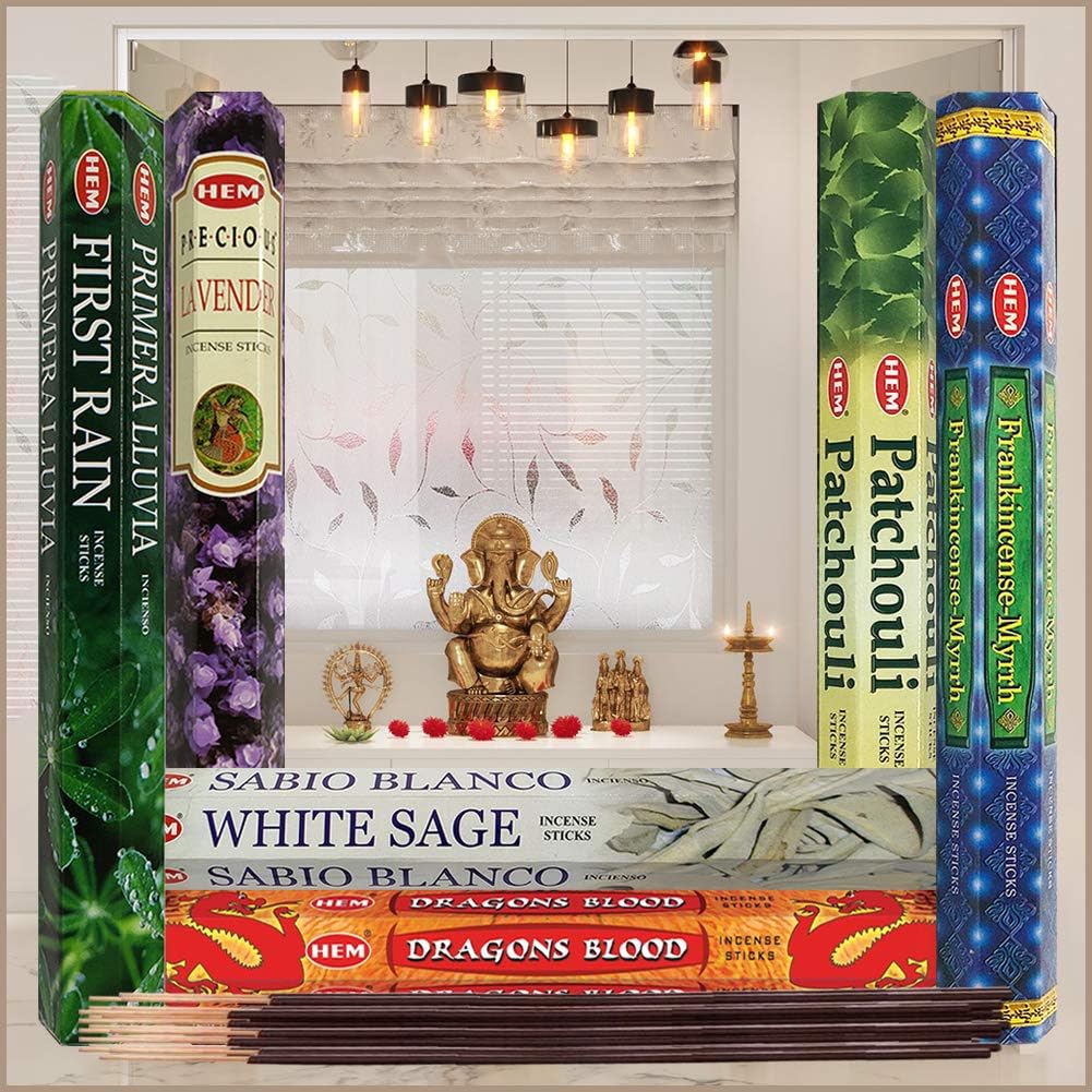 Hem Incense Sticks Variety Pack #23-120 Insence-Sticks (6 Incents x 20 Insense) + Incense Stick Holder with 6 Most Liked Scents Including Patchouli Dragons Blood White Sage Frankincense-Myrrh
