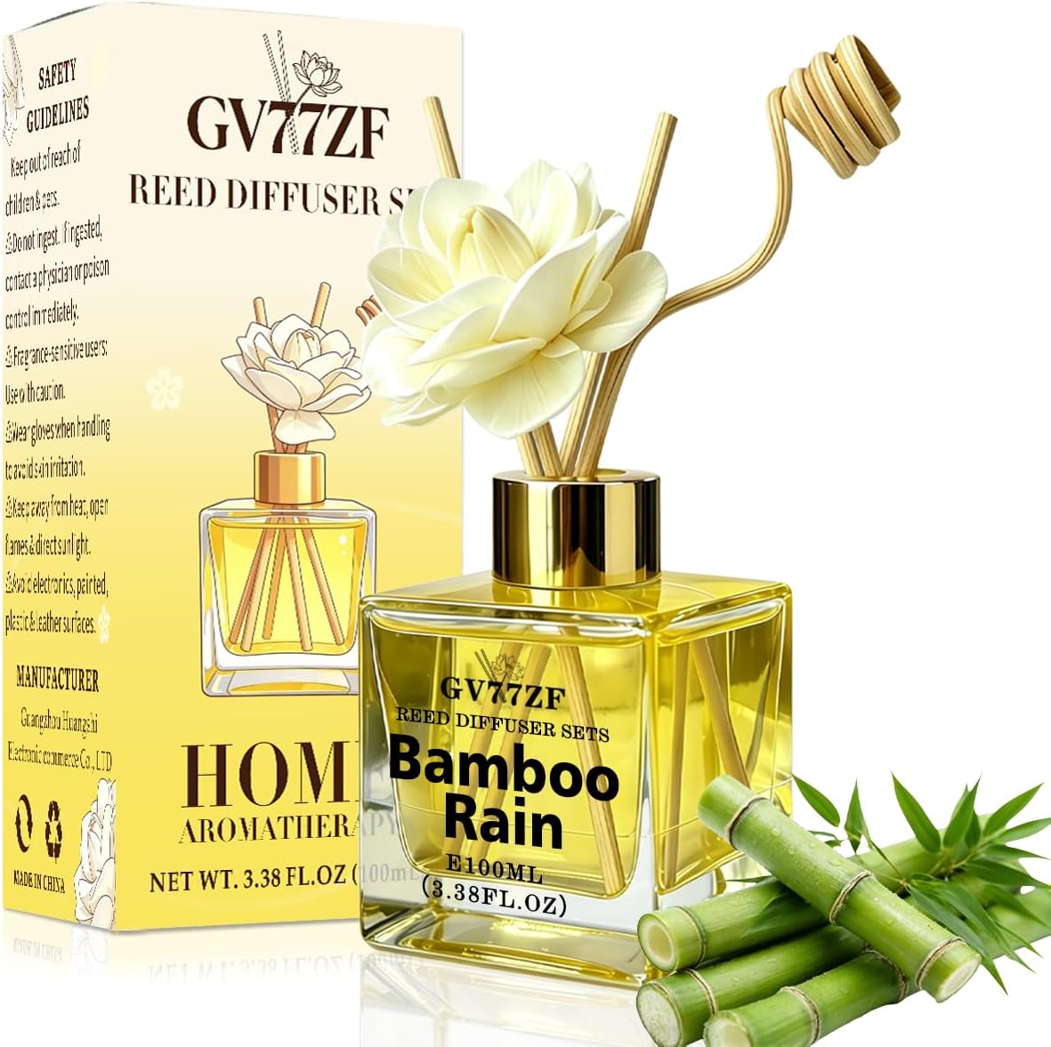 Bamboo & Rain Reed Diffuser – 3.38 oz Glass Bottle with Rattan Sticks & Dried Flowers, Fresh Clean Scent for Home, Adjustable Intensity Aroma Gift for Women, Housewarming, Mom