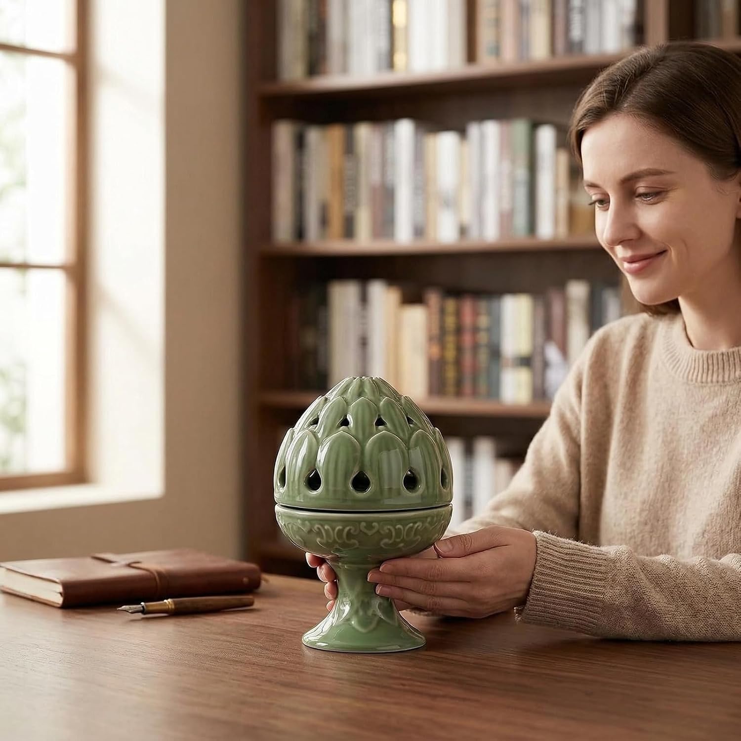 Mini Ceramic Incense Burner - Chinese Classic Plum Green Celadon Glaze, Fragrance Cone & Stick Holder Palo Santo/Sage/Herb Burner for Meditation, Yoga, Desk Decor, Zen Relaxation Gift (Lotus)