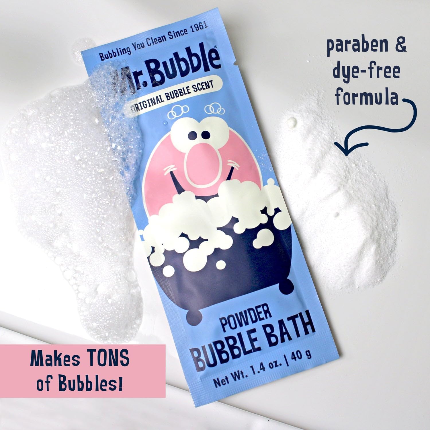 Mr. Bubble Retro Powder Bubble Bath Packet, Original Bubble Gum Scent, 1.4 oz, Pack of 12