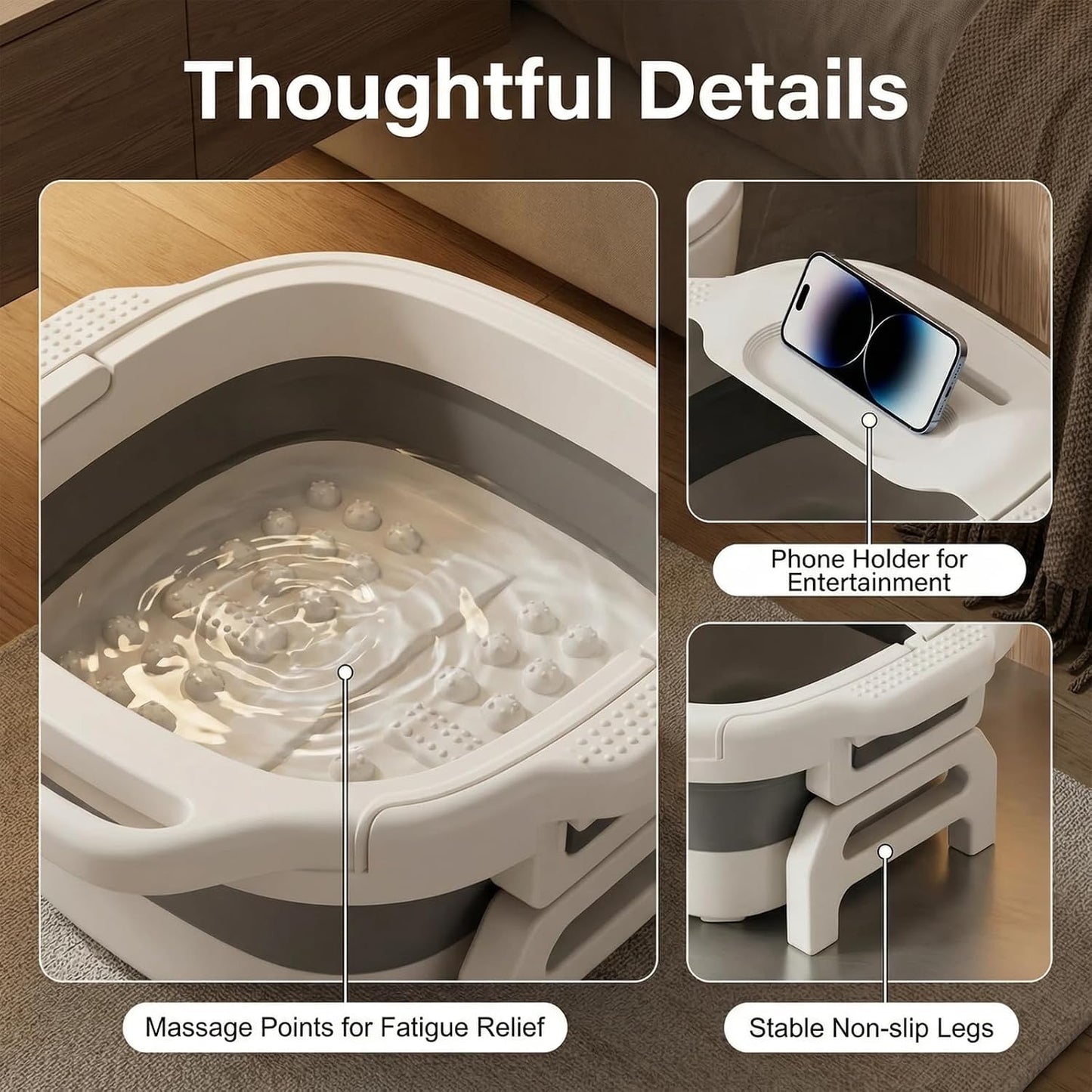 Collapsible Folding Foot Basin for Soaking Feet - Insulated Foot Bath Tub, Portable with Massage Nodes, Stable Support Legs & Lid (Sage Green/Light Gray) (White)