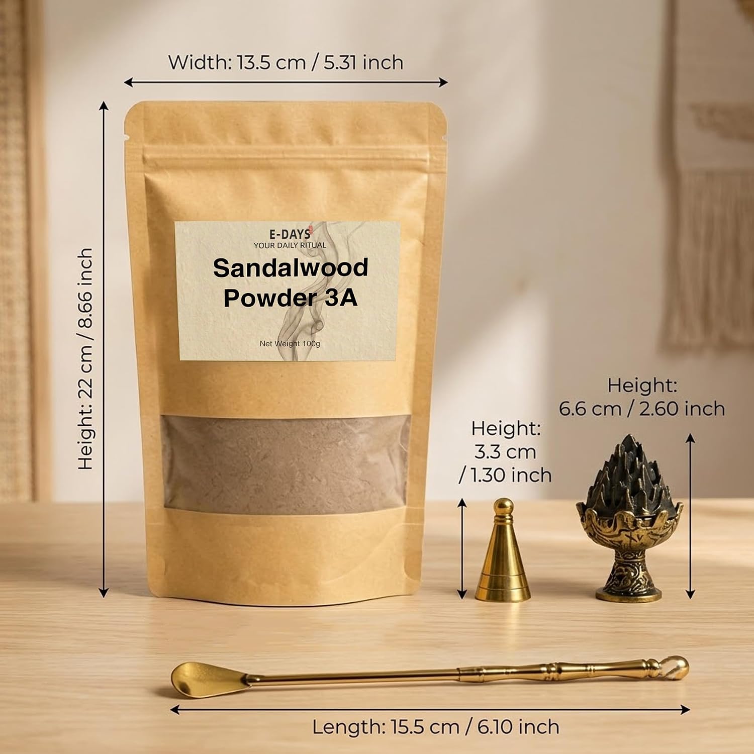 Australian Sandalwood Powder 100g - 3A Grade Natural Incense Powder for DIY Incense Sticks, Cone Making, Aromatherapy - Includes 3-Piece Cone Mold Set (Incense Burner, Mold, Spoon)