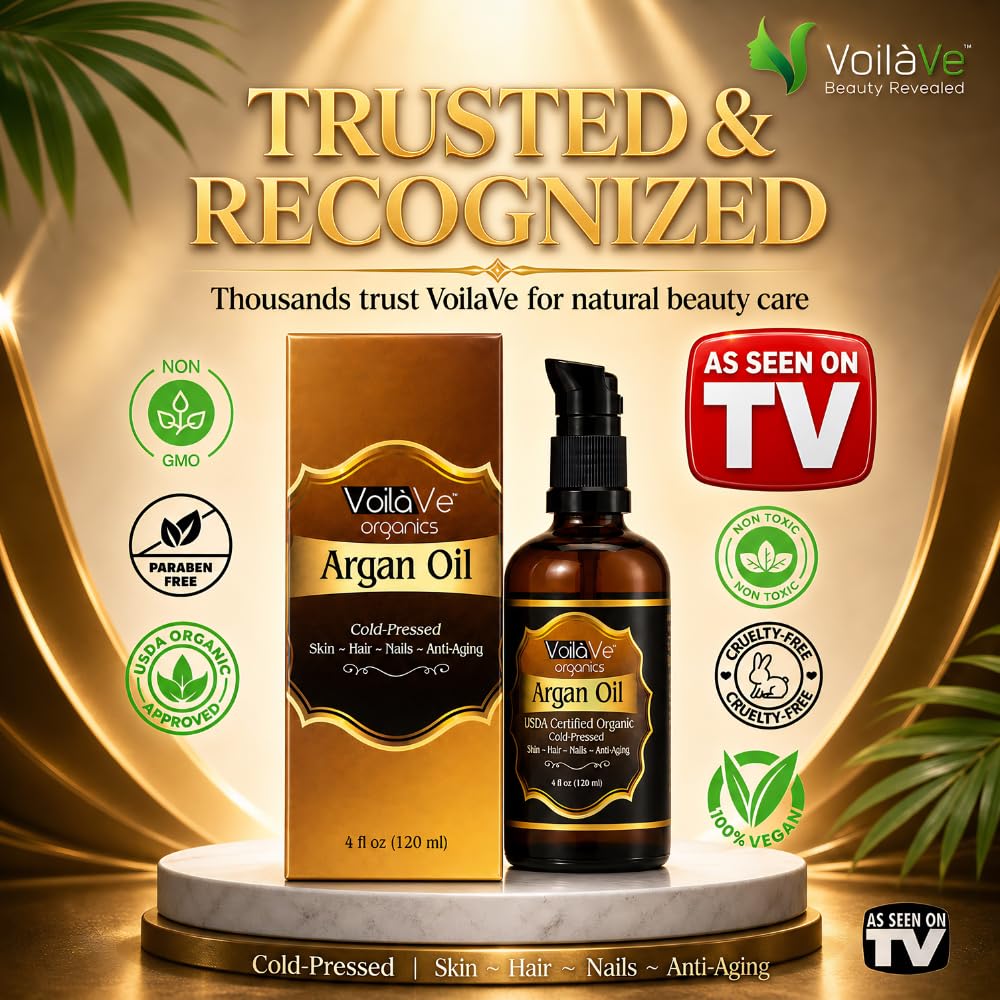 VoilaVe USDA Pure Organic Moroccan Argan Oil for Skin, Nails & Hair Growth, Anti-Aging Face Moisturizer, Cold Pressed, Hair Moisturizer, Rich in Vitamin E, As Seen On TV - 4 fl oz