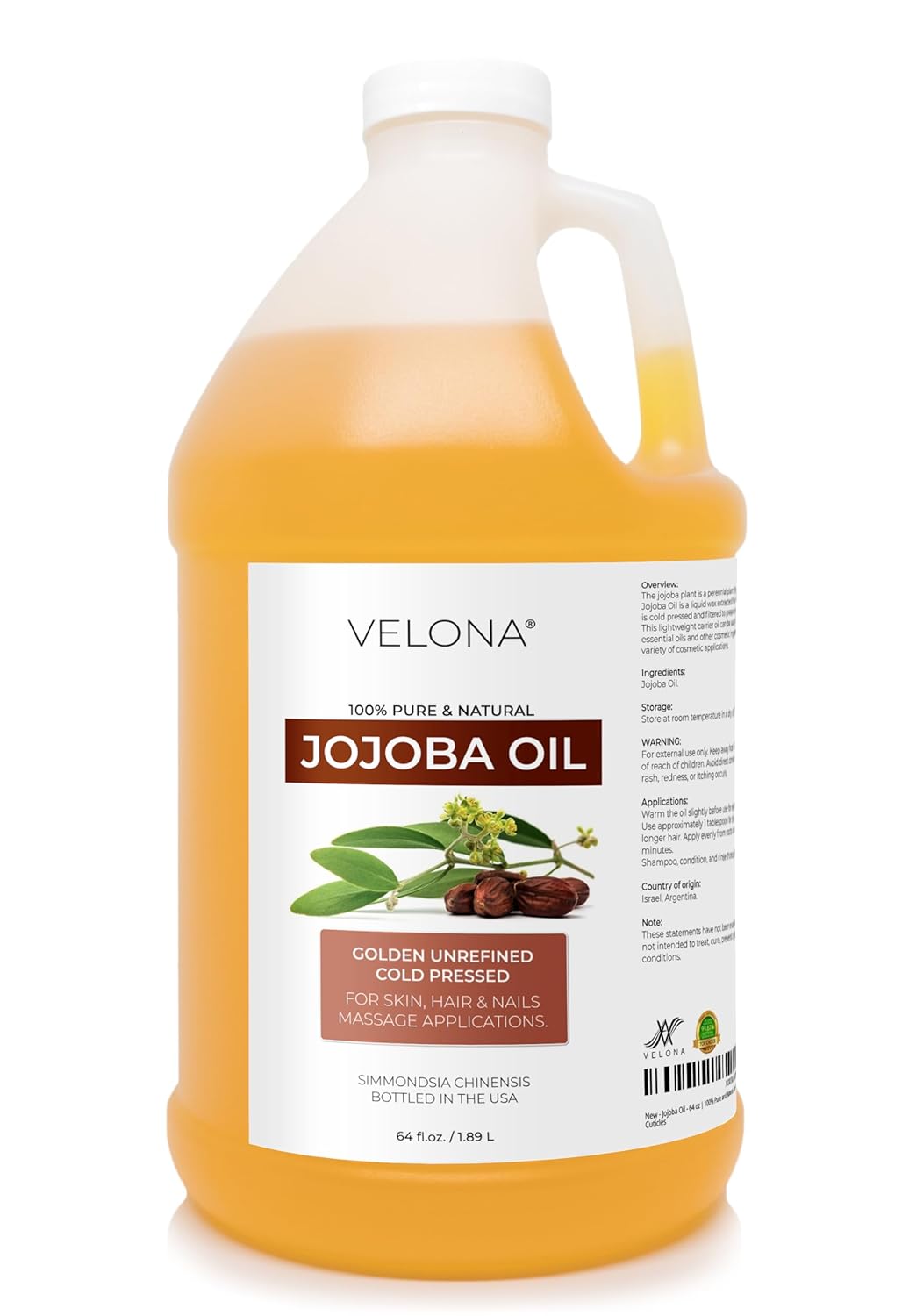 velona Jojoba Oil - 64 oz | 100% Pure and Natural | Golden, Unrefined, Cold Pressed, Hexane Free | Moisturizing Face, Hair, Body, Skin Care, Cuticles