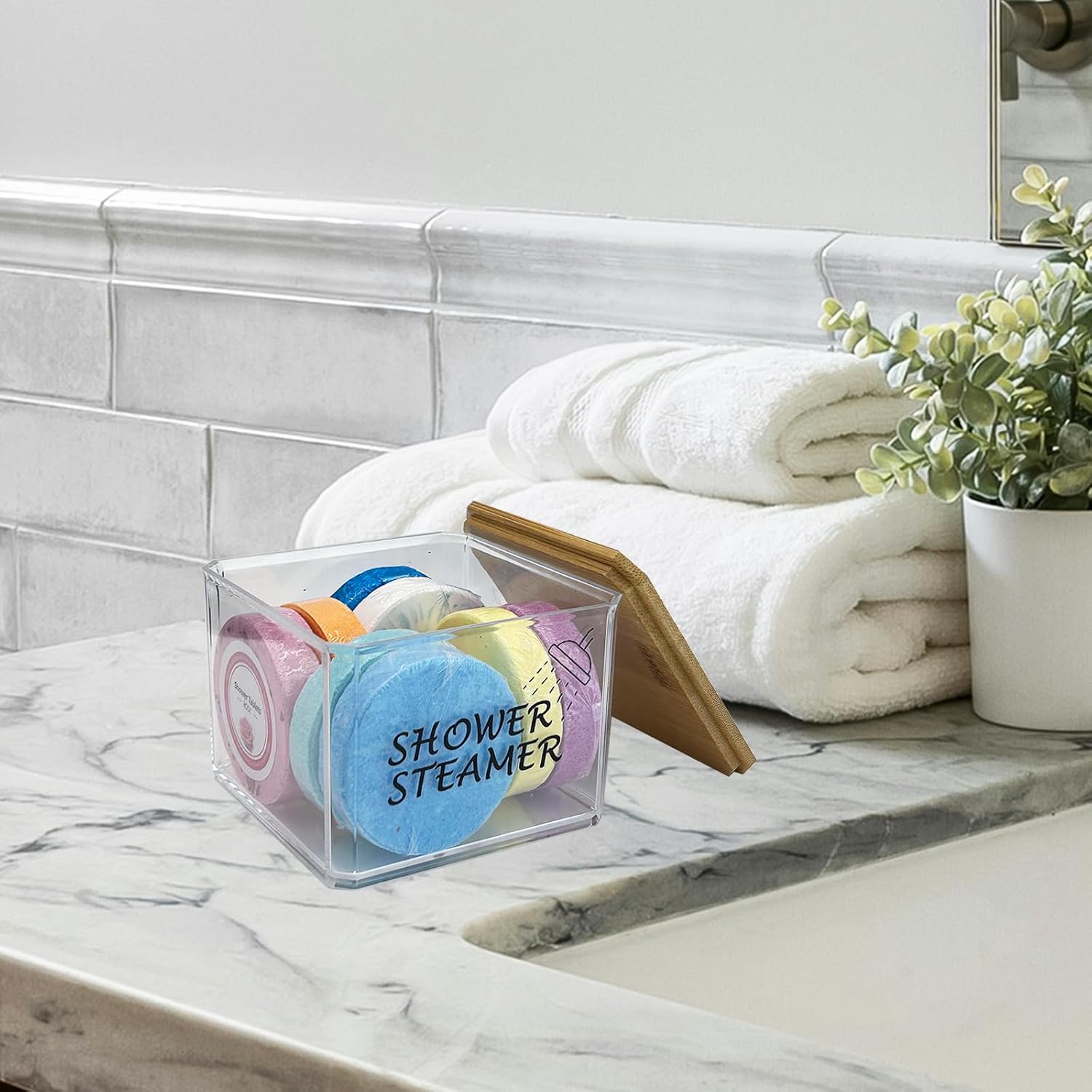 Shower Steamers Organizer, Hold up to 8 Pieces, Plastic Shower Tablets Container with Wood Lid, Clear Storage Container for Shower Steamers, Transparent Holder Bathroom Counter