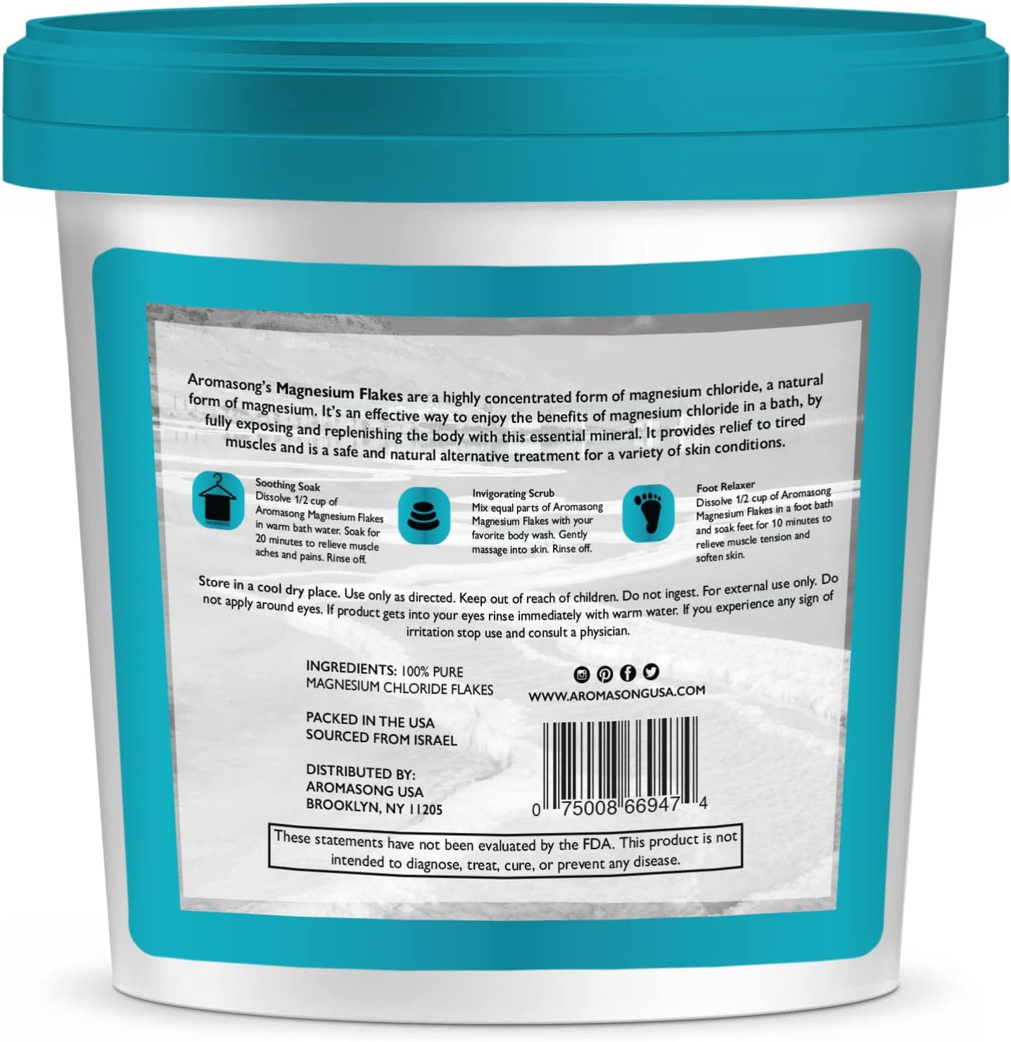 Aromasong Raw Dead Sea Magnesium Flakes for Bath - 4 LB Bulk Bath Salt in Reusable Bucket