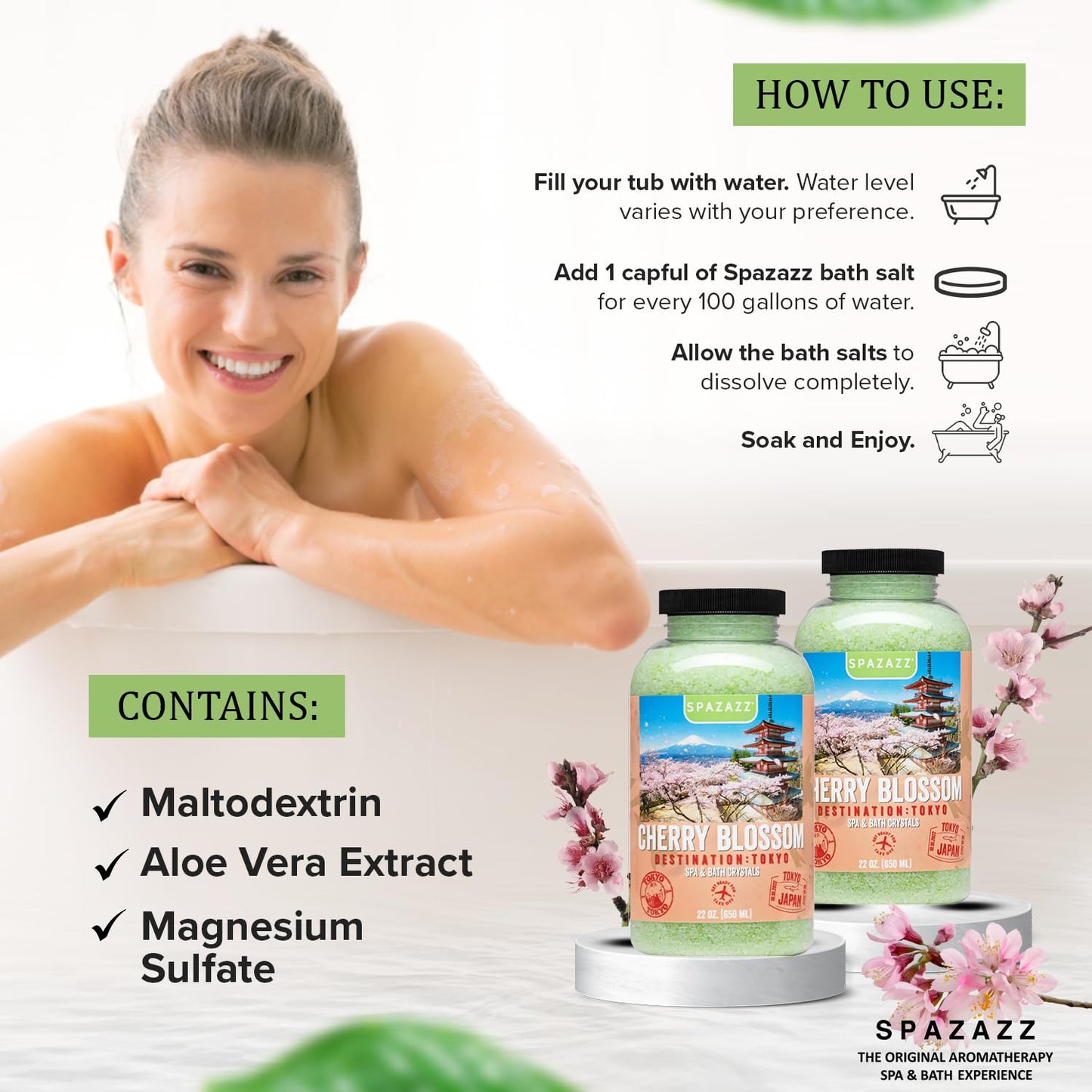 Hot Tub Aromatherapy Spa & Bath Salt Crystals - Cherry Blossom - Tokyo Destinations Collection - Scents for Relaxing in Spas and Bath Tubs - Skin Softening Magnesium Mineral Soak by Spazazz - 22 oz