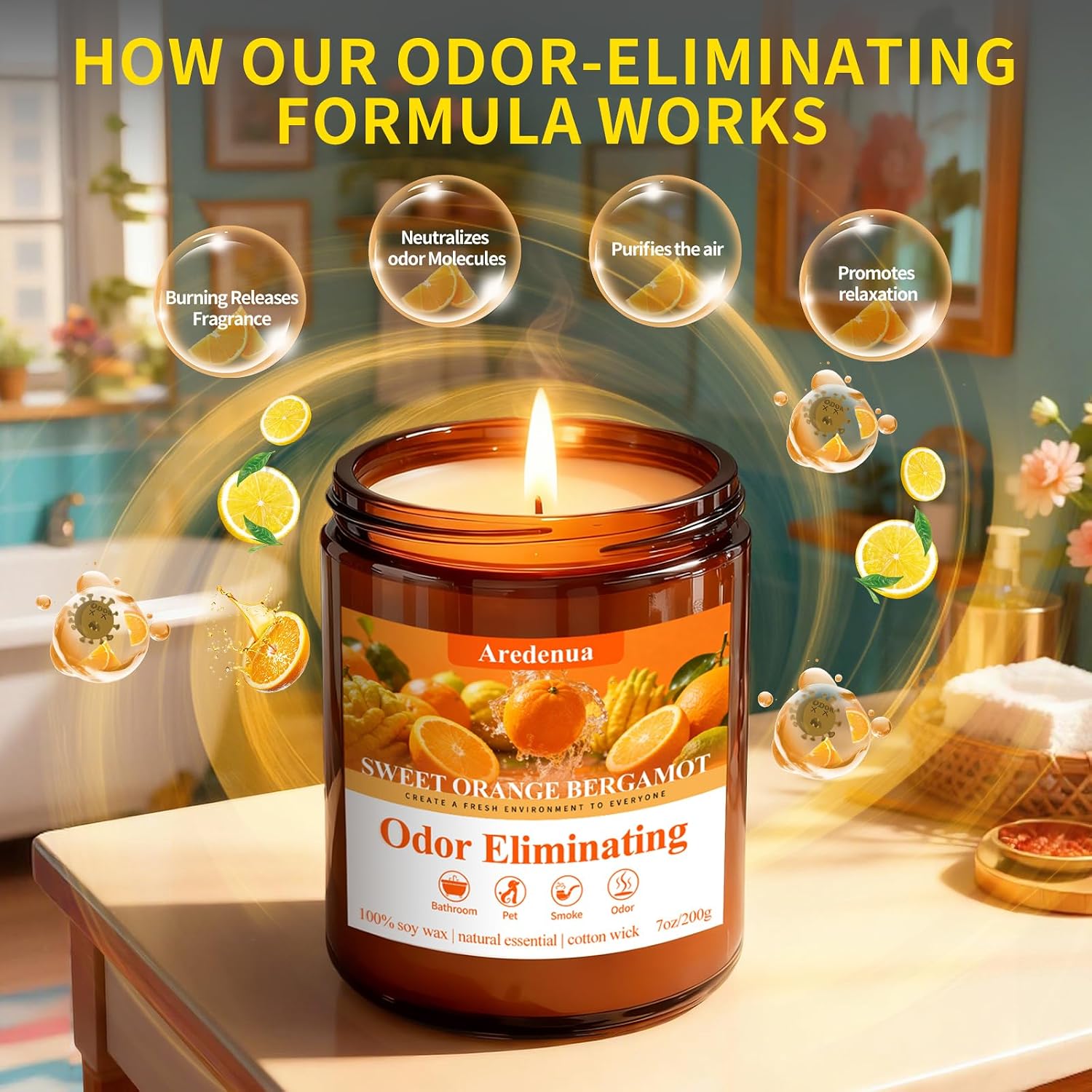 Sweet Orange Bergamot Odor Eliminating Candle | Eliminates 95% of Pet, Smoke, Food & Other Smells – Fresh Air Scented Candle Gentle for Family - Up to 50 Hour Burn time - 7 Oz Natural Soy Wax