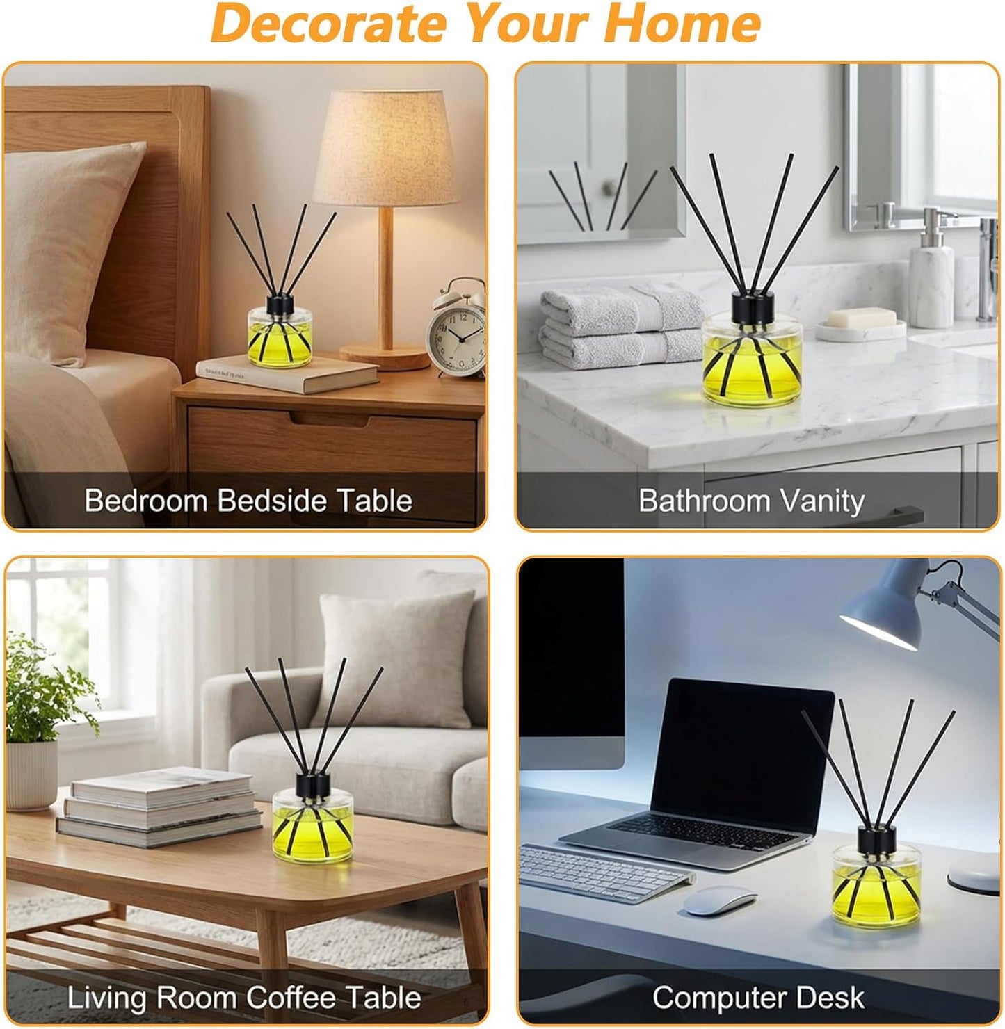 8 PCS Fragrance Glass Diffuser Bottles, Refillable Diffuser Bottles with 40 Pcs Reeds Sticks, Black Caps, Diffuser Jars for Living Room Home Replacement Fragrance DIY Decor, 100ML