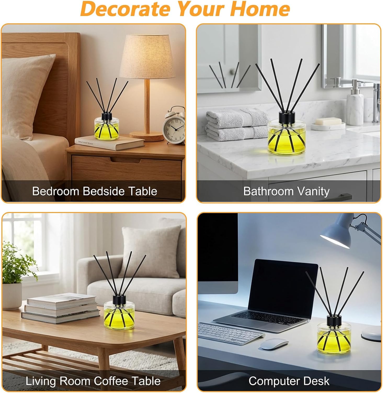 8 PCS Fragrance Glass Diffuser Bottles, Refillable Diffuser Bottles with 40 Pcs Reeds Sticks, Black Caps, Diffuser Jars for Living Room Home Replacement Fragrance DIY Decor, 100ML