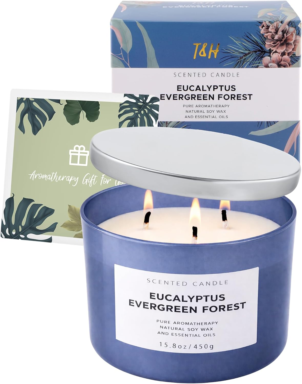 Eucalyptus Evergreen Forest 3-Wick Soy Candle | 15.8 oz Large Scented Candle for Home | Clean Burn Long Lasting | Balsam Fir Fresh Forest Scent | Gift Ready