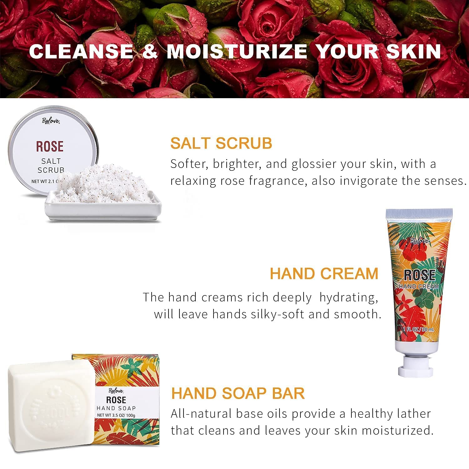 Spa Gifts for Women, Gift Set, Self Care Kit, Birthday Gifts, 5pc Rose Bath Sets Include Massage Oil, Bath Bomb, Salt Scrub, Soap, Hand Cream, Mother's Day Gifts for Mom