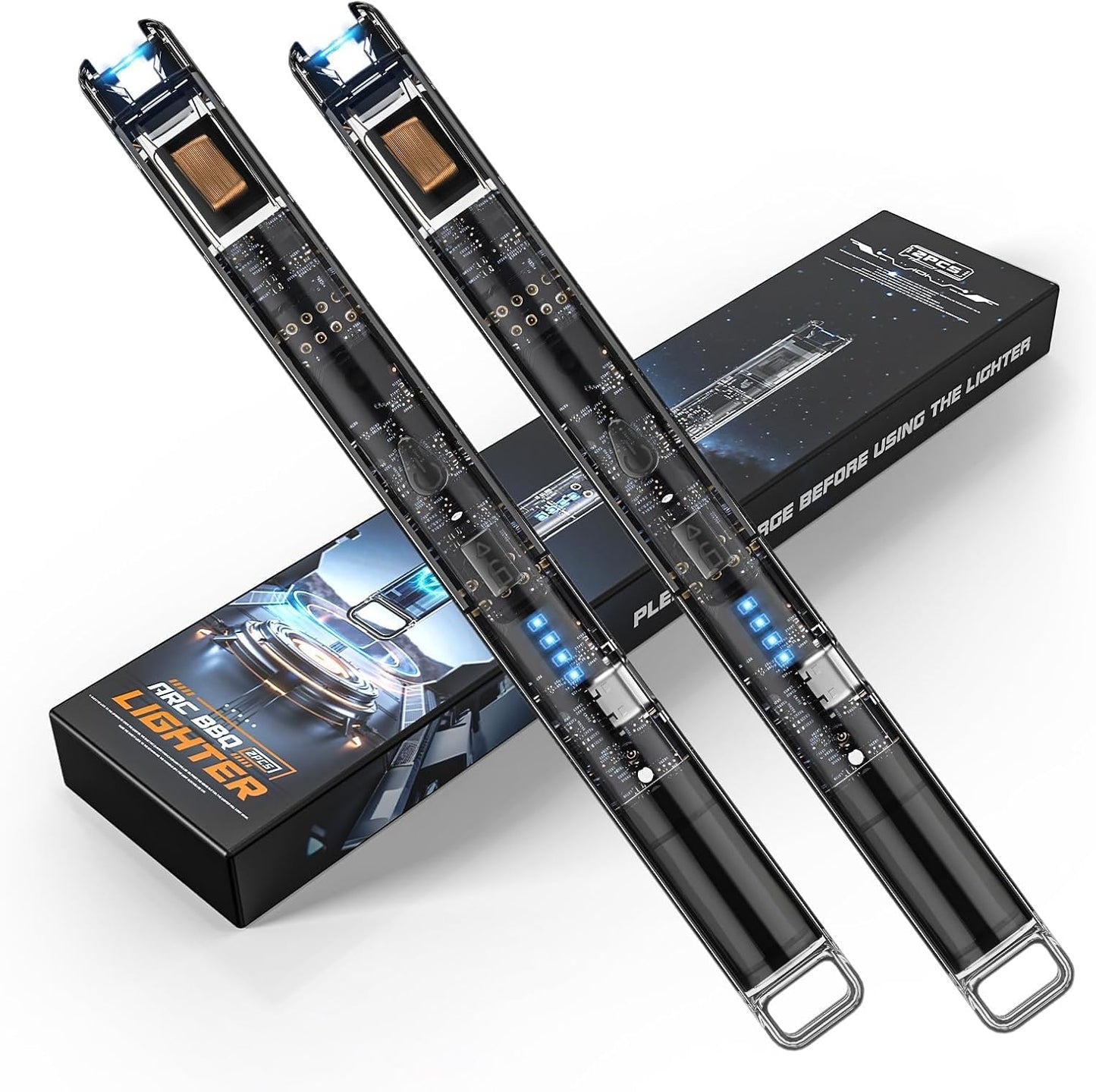 KTEBO® 2 Pack Electric Candle Lighters - 7.4 inch Long USB Rechargeable Plasma Arc Lighter with Safety Lock, Windproof Lighter for Candles, Grill, Camping - See-Through Tech Design, Stocking Stuffers