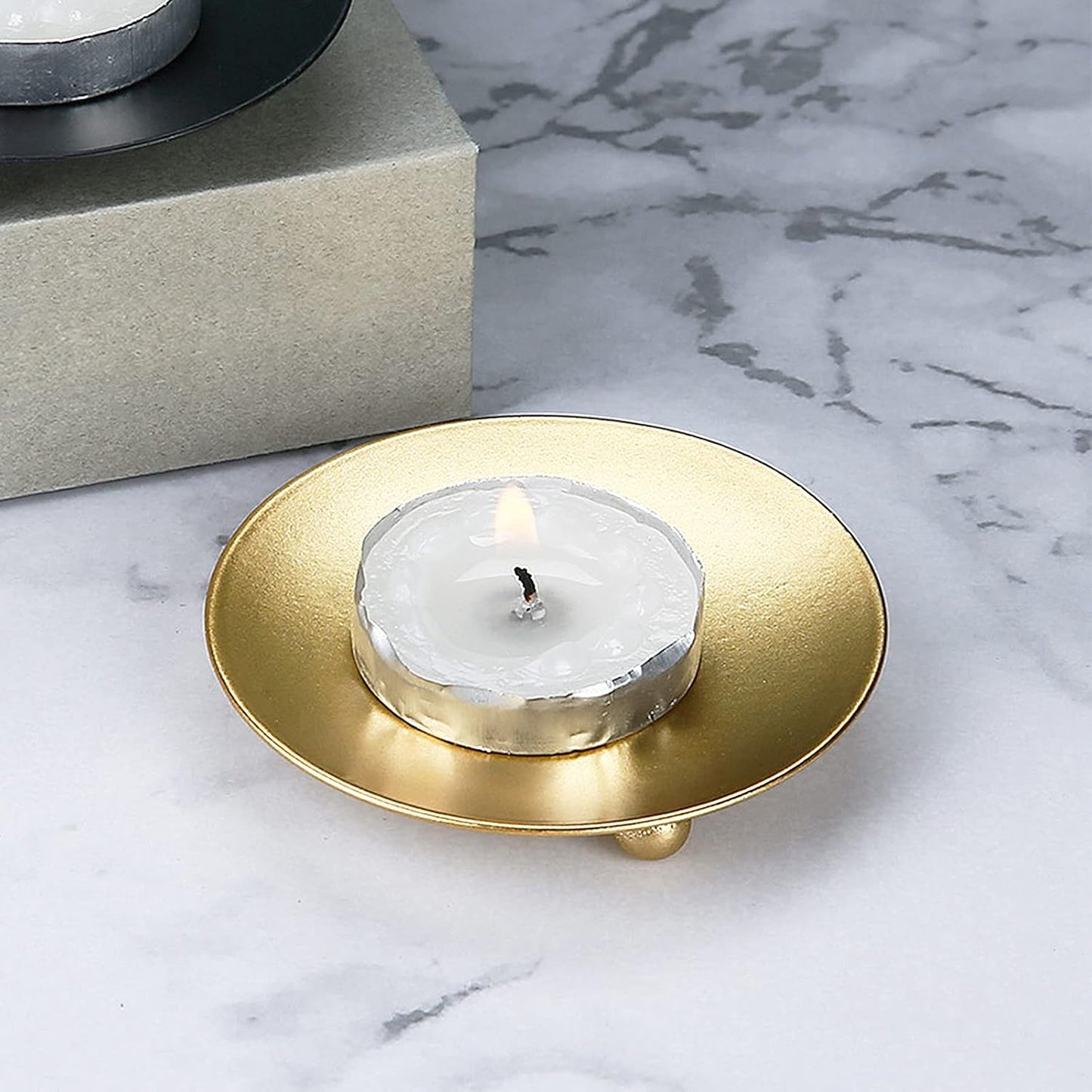 Candle Holder Decorative Iron Plate,Candle Stand for LED & Wax Candles,Spa,Bathroom,Weddings,4.33x0.78inch,Set of 4 (Gold)