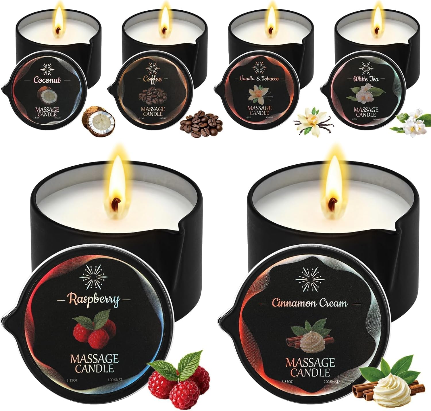 6 Pack Massage Oil Candles Set, Low Temp Soy Based Massage Candles for Massage Therapy, Relaxation & Skin Moisturizing, Assorted Scents for Home Spa Self Care