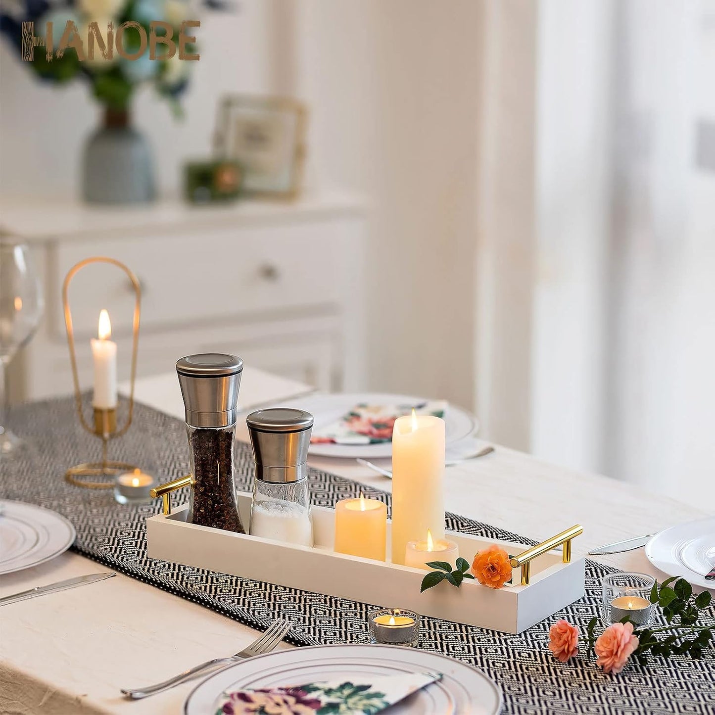 Hanobe Long Tray for Table Centerpiece: Decorative Narrow Trays Wooden Candle Holder - Centerpiece Tray with Handles for Home Decor Dining Table Coffee Bar Living Room,White