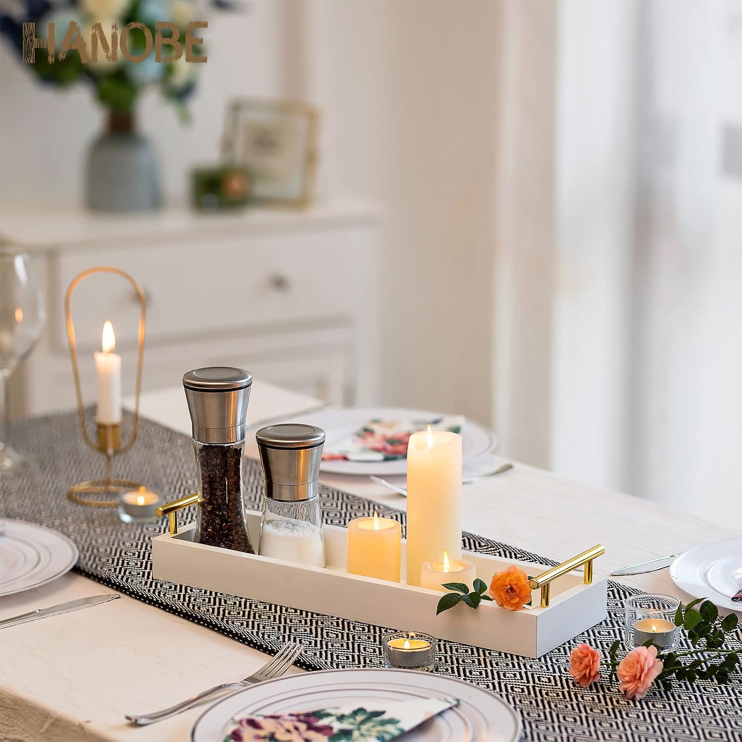 Hanobe Long Tray for Table Centerpiece: Decorative Narrow Trays Wooden Candle Holder - Centerpiece Tray with Handles for Home Decor Dining Table Coffee Bar Living Room,White